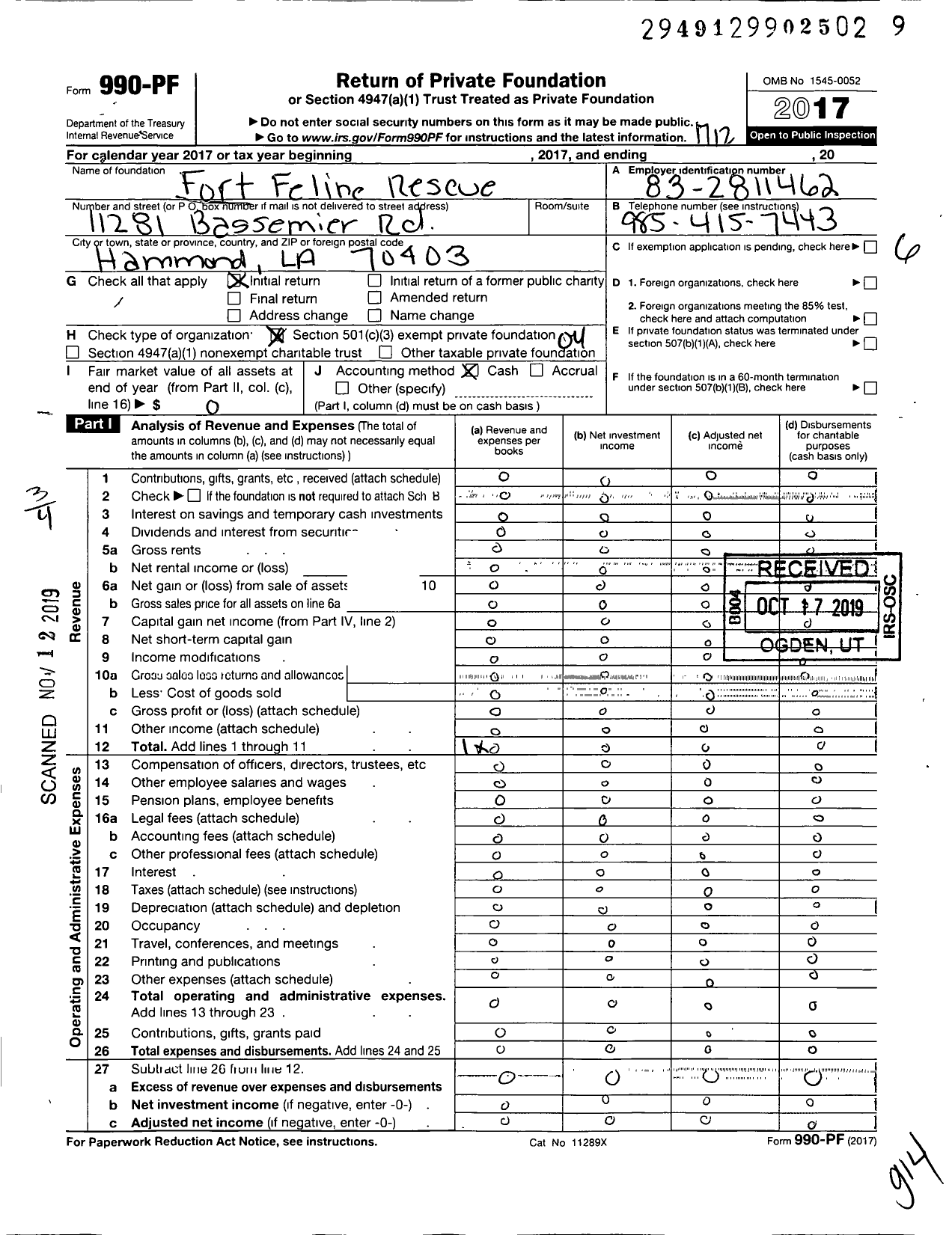 Image of first page of 2017 Form 990PF for Fort Feline Rescue