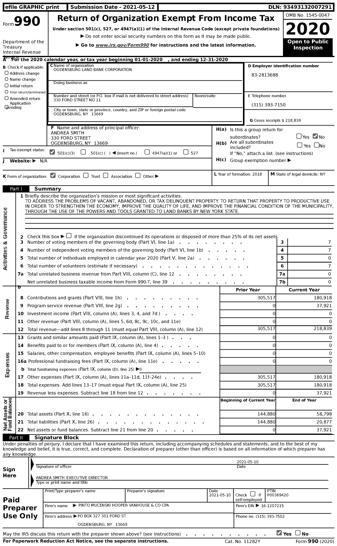 Image of first page of 2020 Form 990 for Ogdensburg Land Bank Corporation