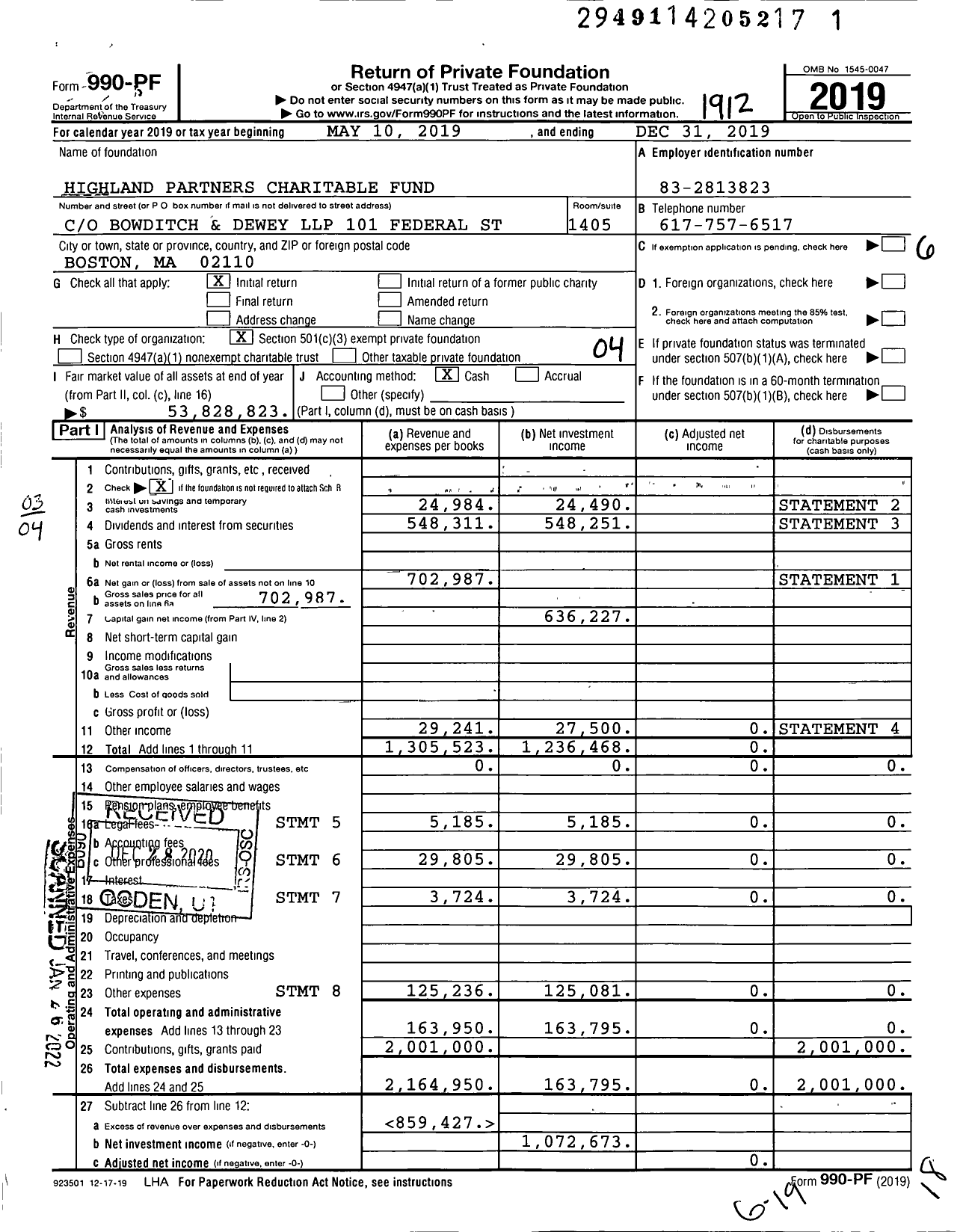 Image of first page of 2019 Form 990PF for Highland Partners Charitable Fund