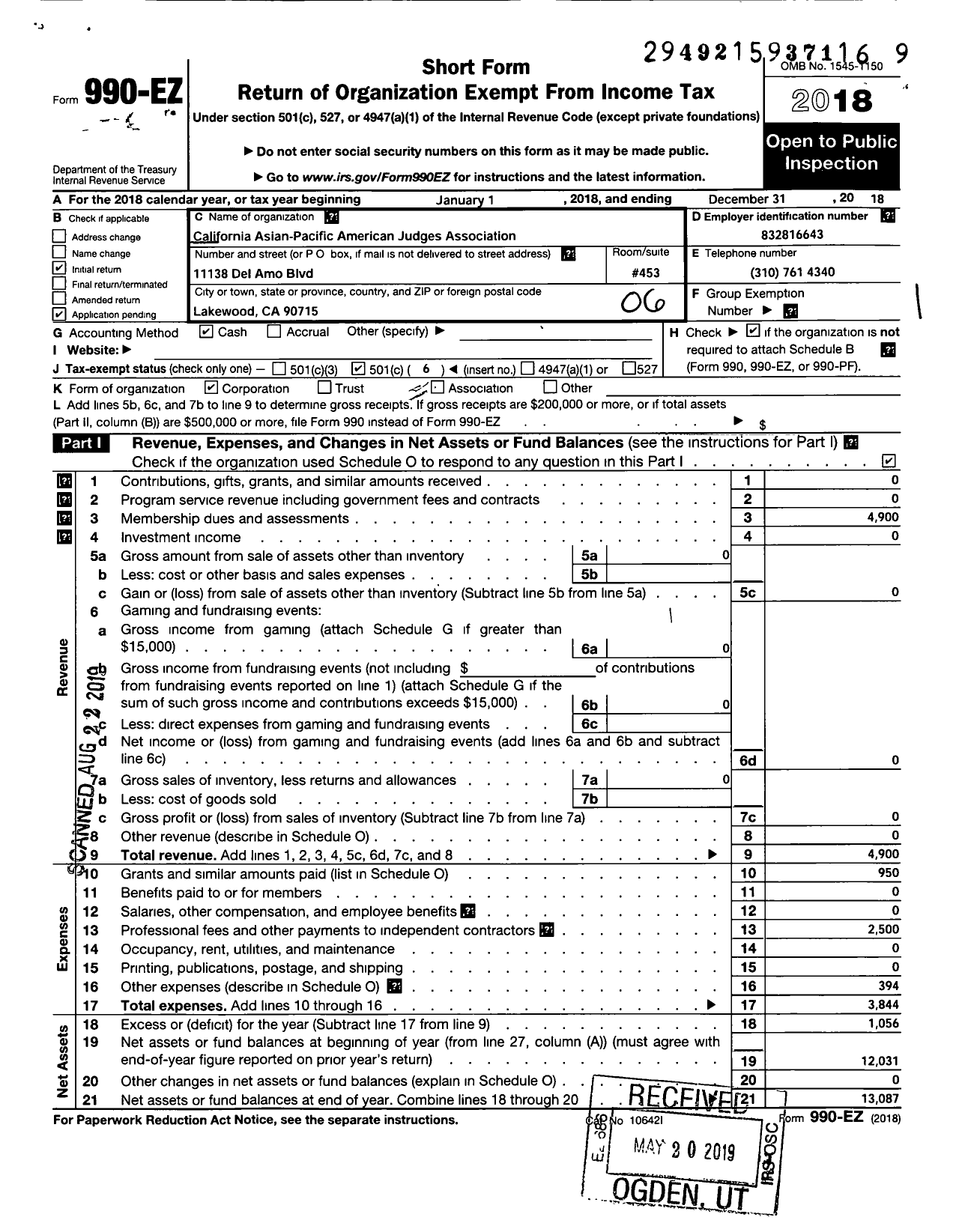 Image of first page of 2018 Form 990EO for California Asian Pacific American Judges Association (CAPAJA)