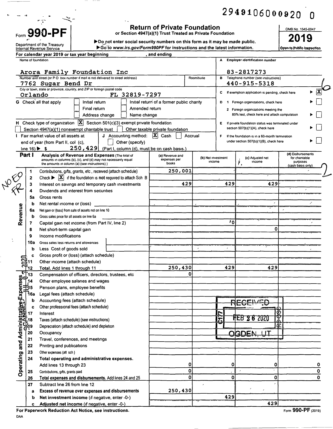 Image of first page of 2019 Form 990PR for Arora Family Foundation