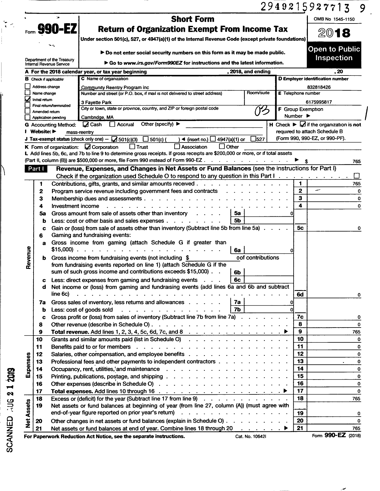 Image of first page of 2018 Form 990EZ for Community Rentry Program