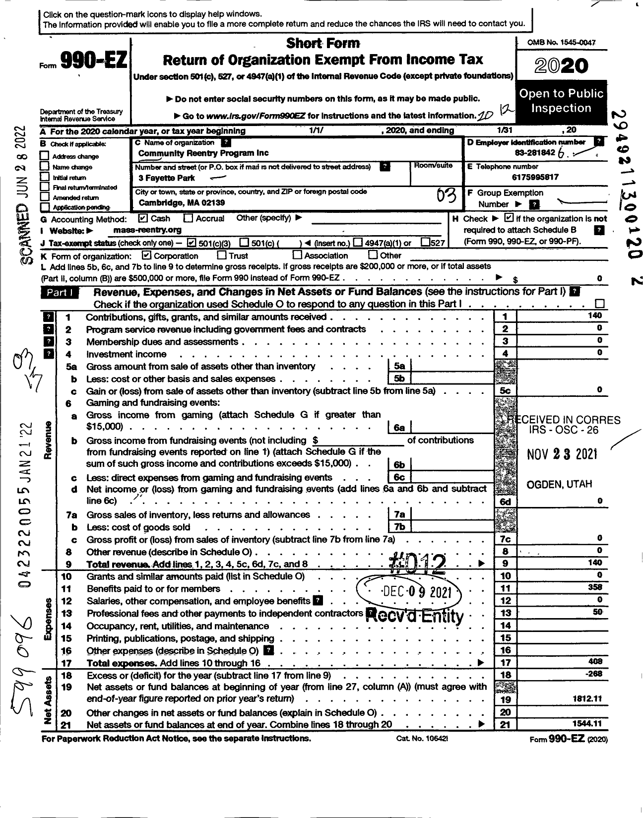 Image of first page of 2020 Form 990EZ for Community Rentry Program