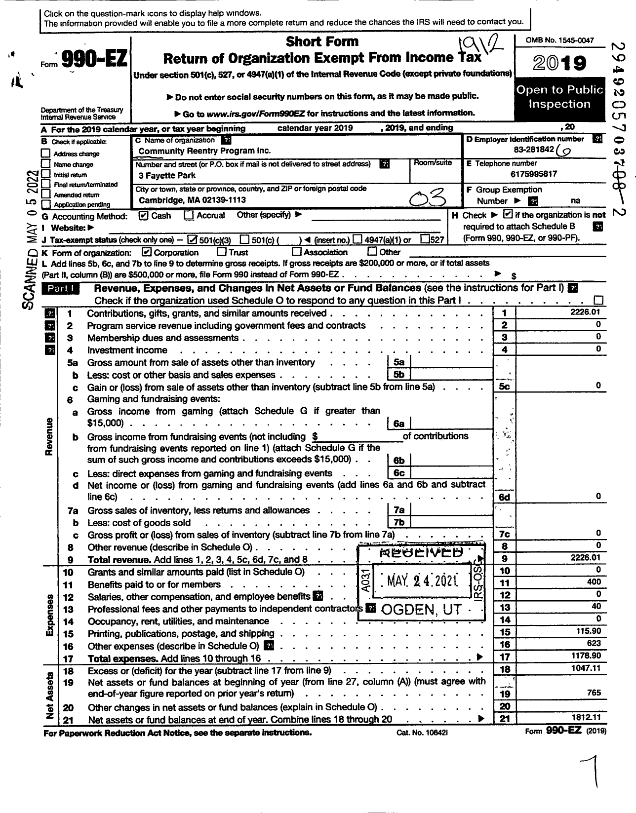 Image of first page of 2019 Form 990EZ for Community Rentry Program