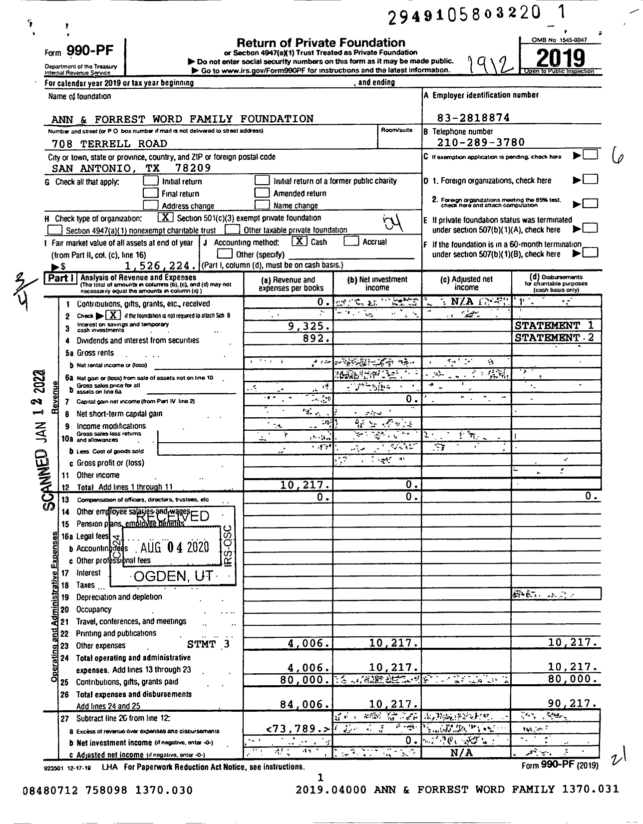 Image of first page of 2019 Form 990PF for Ann and Forrest Word Family Foundation