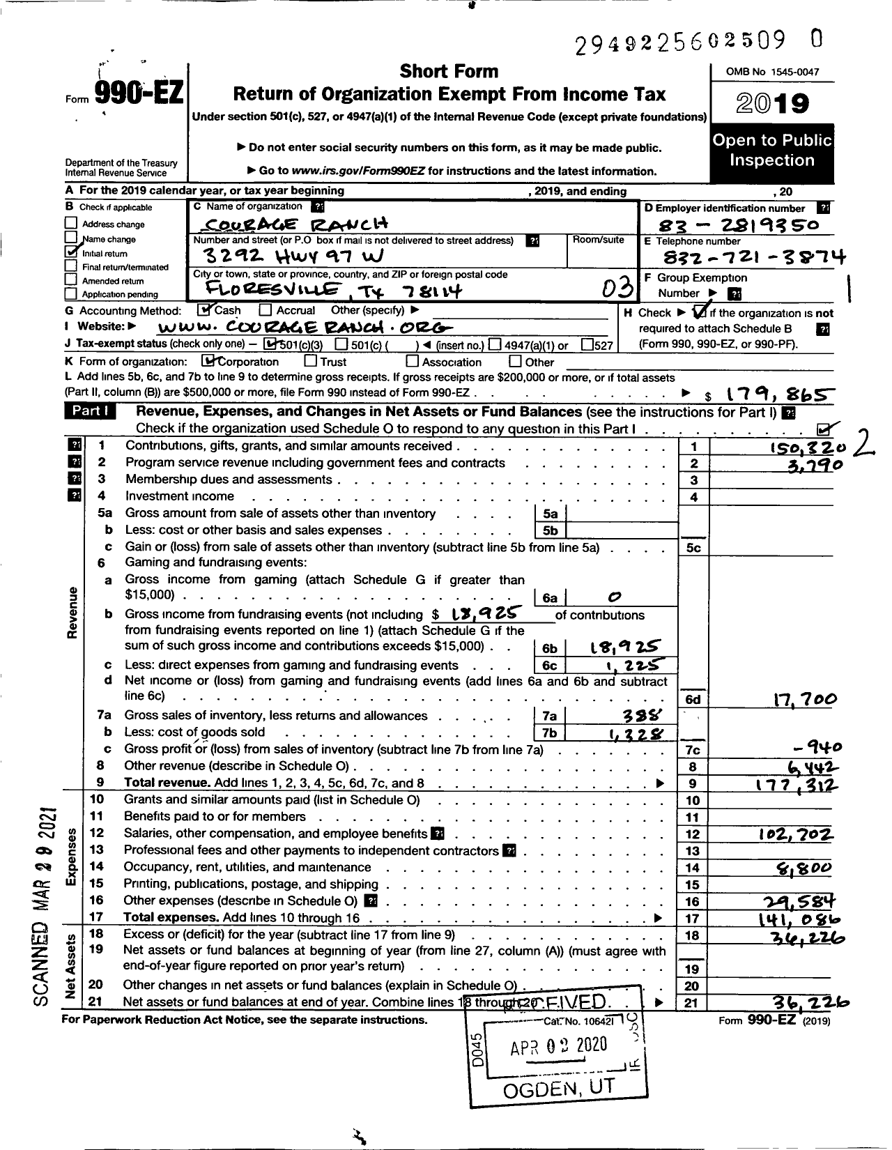 Image of first page of 2019 Form 990EZ for Courage Ranch