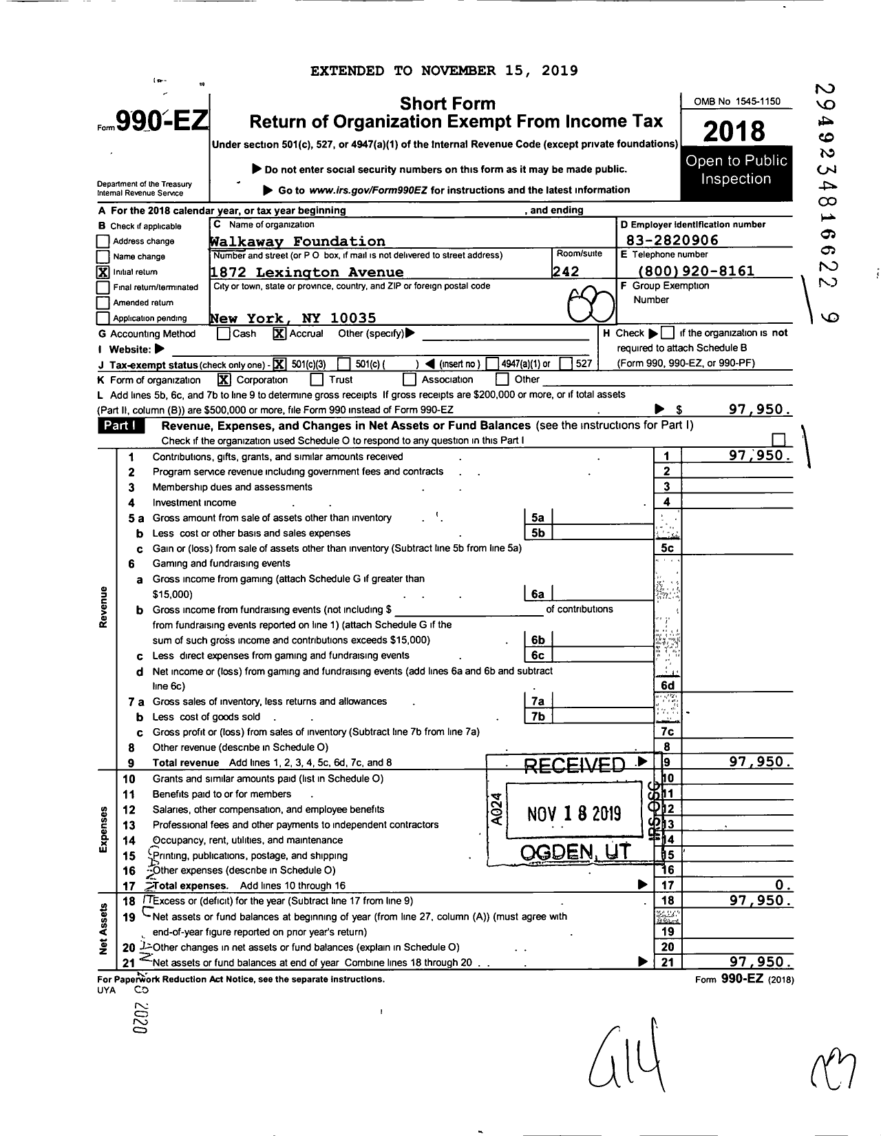 Image of first page of 2018 Form 990EZ for #walkaway Foundation