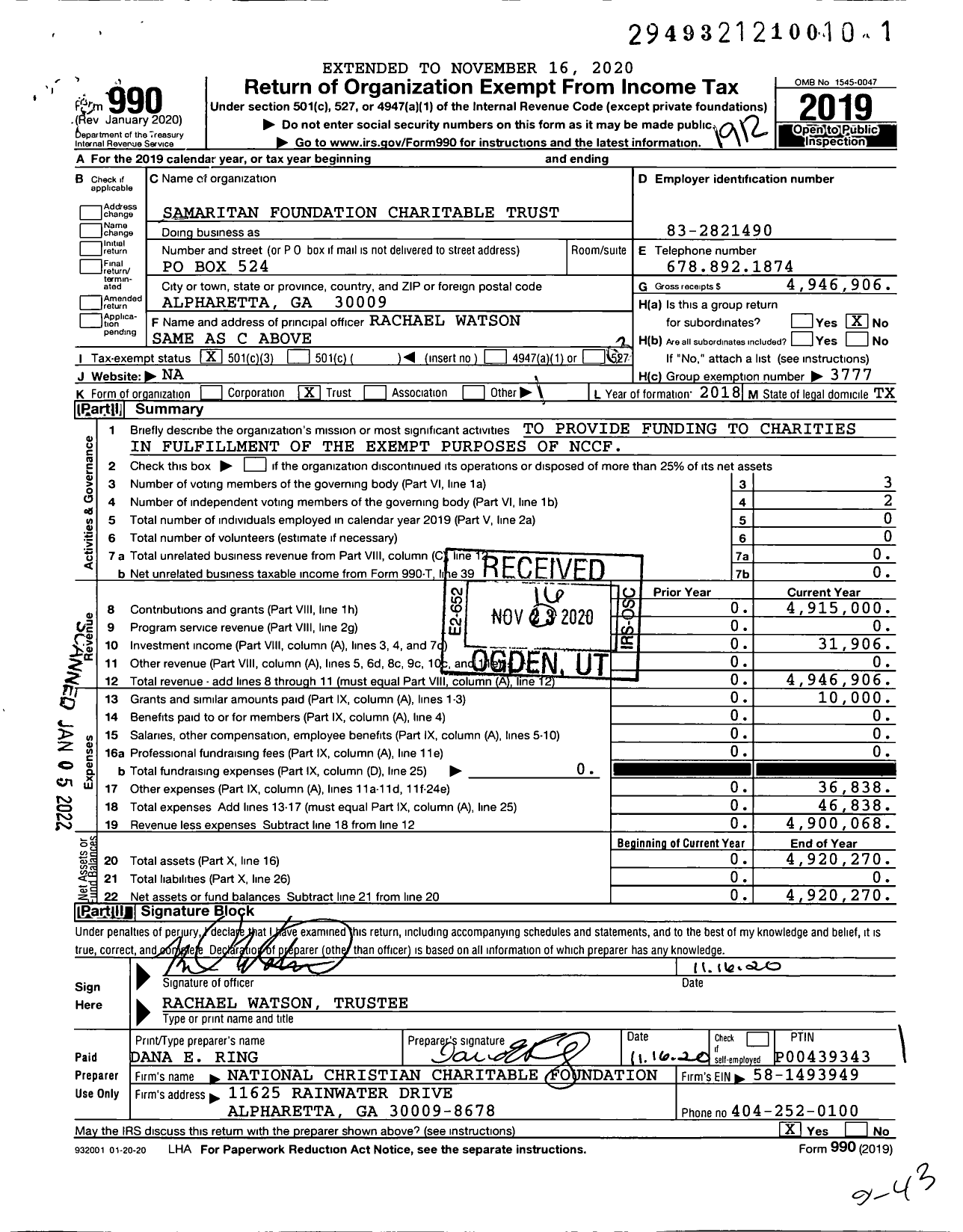 Image of first page of 2019 Form 990 for Samaritan Foundation Charitable Trust