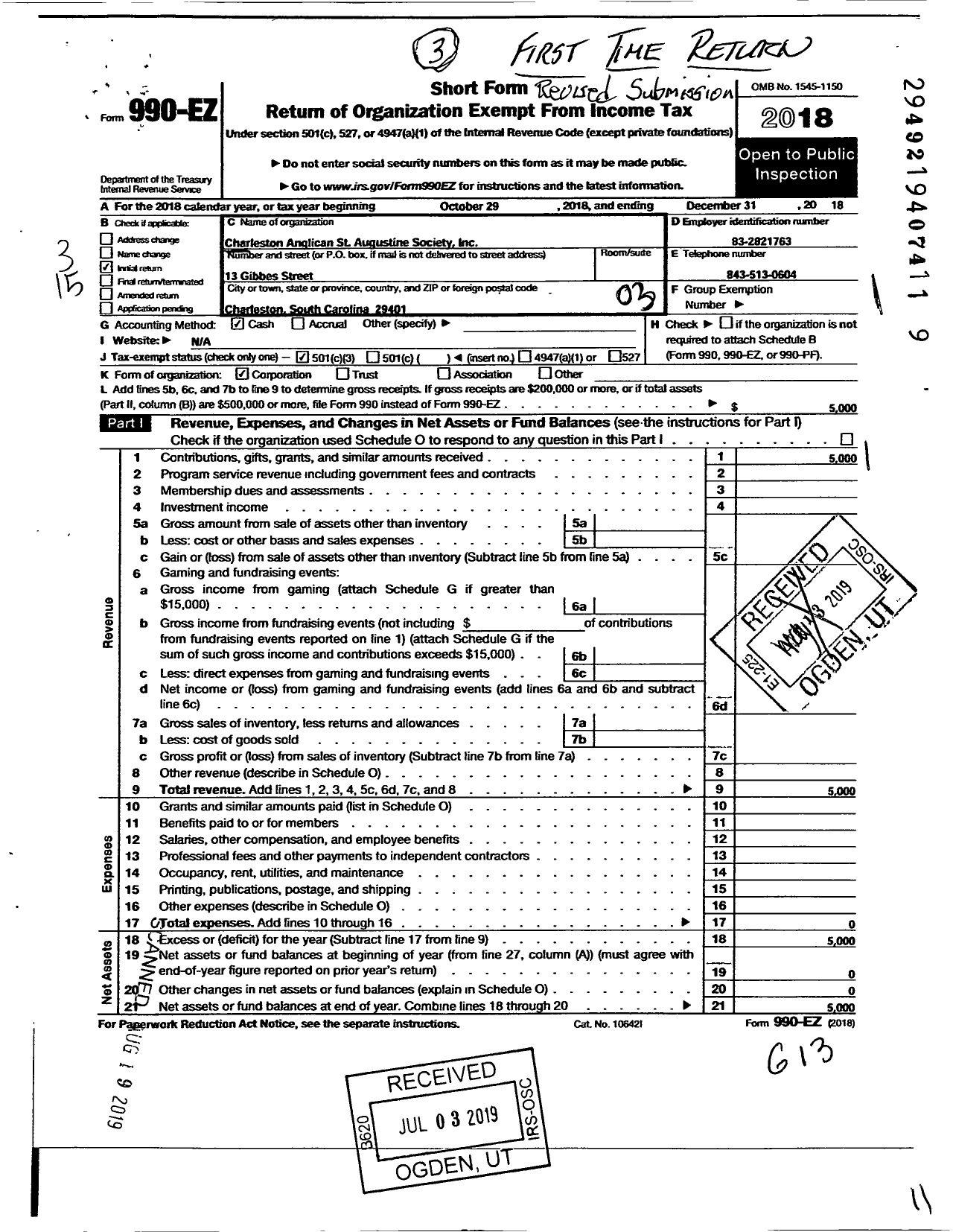 Image of first page of 2018 Form 990EZ for Charleston Anglican St Augustine Society