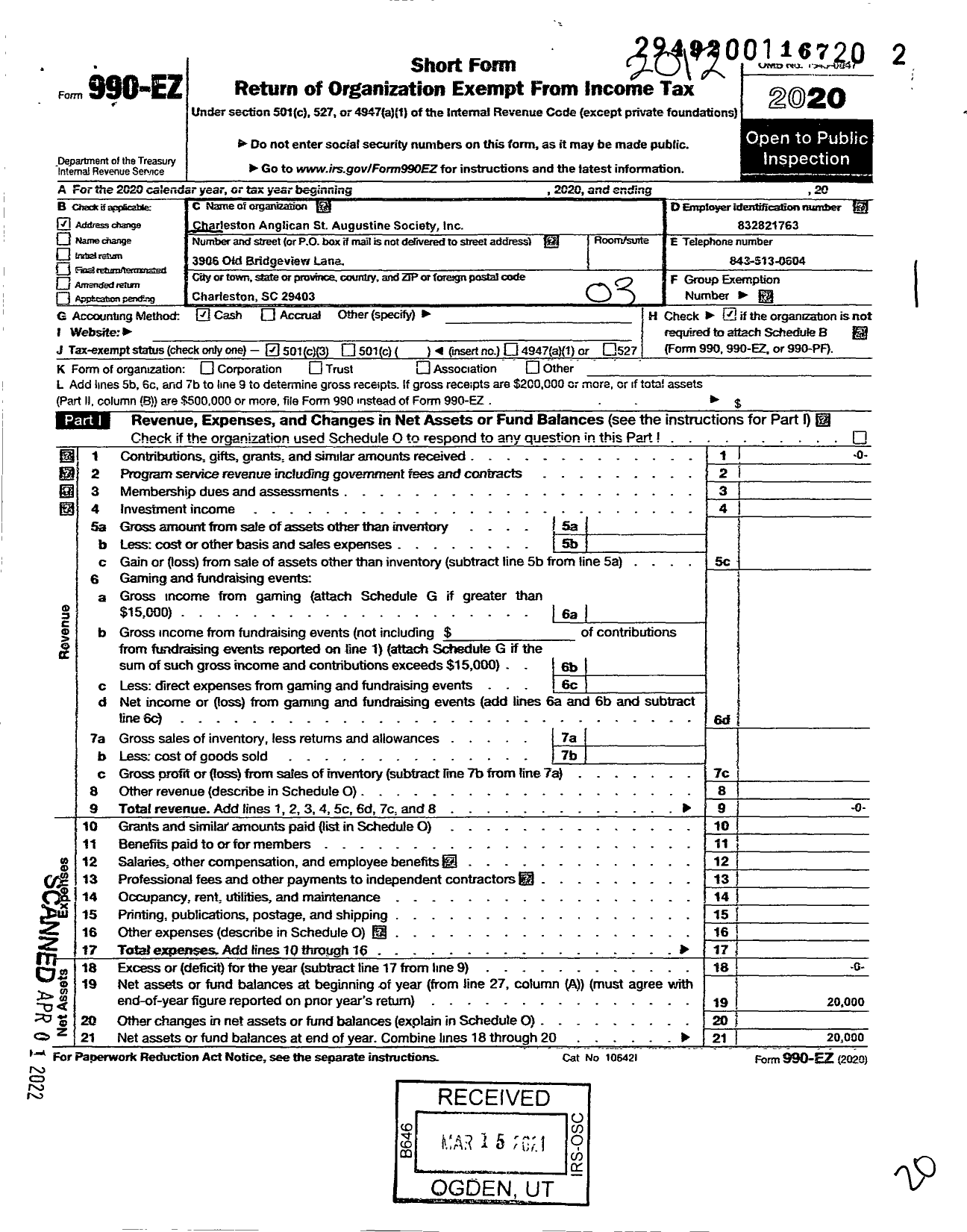 Image of first page of 2020 Form 990EZ for Charleston Anglican St Augustine Society