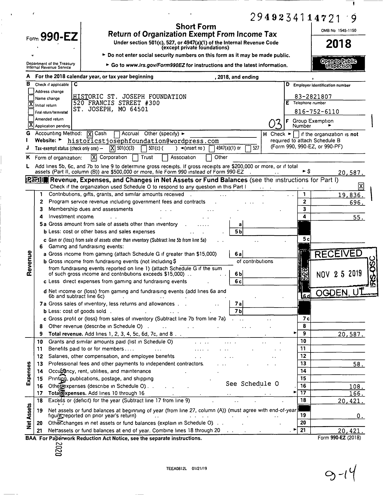 Image of first page of 2018 Form 990EZ for Historic St Joseph Foundation