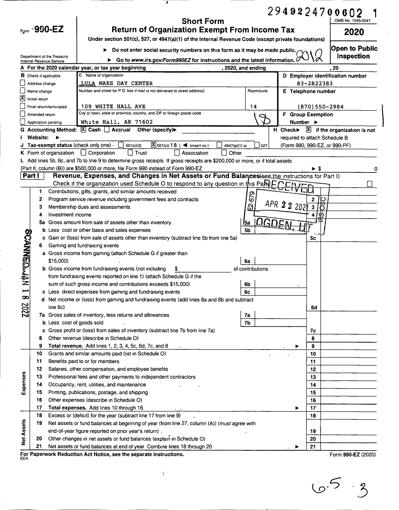 Image of first page of 2020 Form 990EO for Lula Mae Day Center