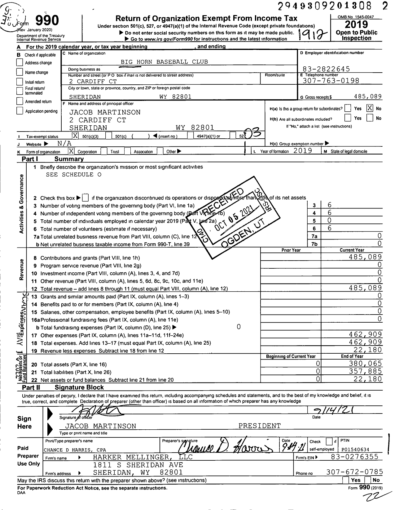 Image of first page of 2019 Form 990 for Big Horn Baseball Club