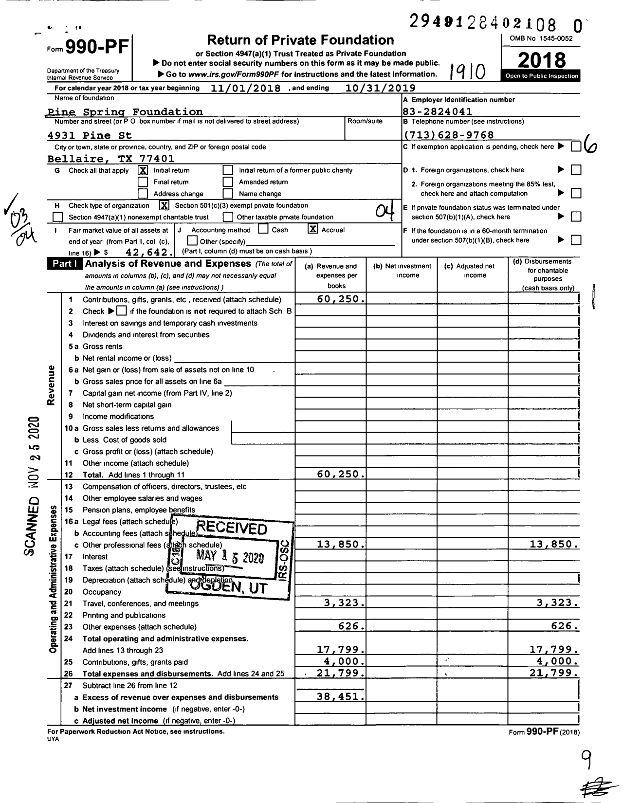 Image of first page of 2018 Form 990PF for Pine Spring Foundation