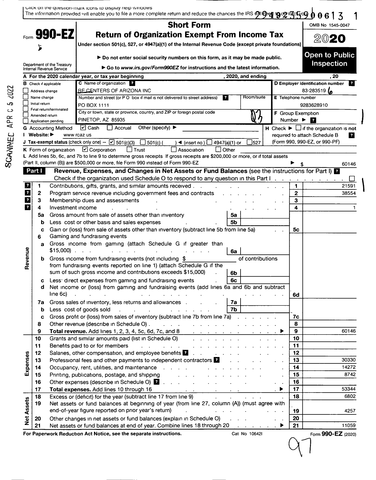 Image of first page of 2020 Form 990EZ for Re Centers of Arizona