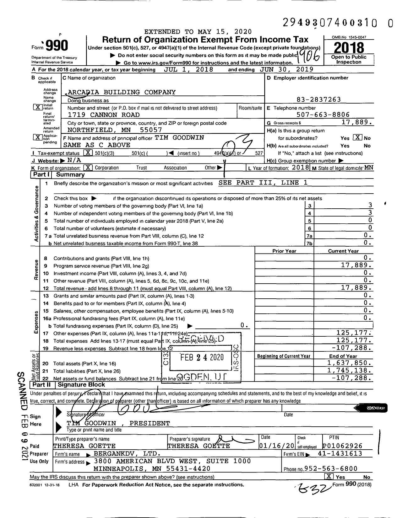 Image of first page of 2018 Form 990 for Arcadia Building Company