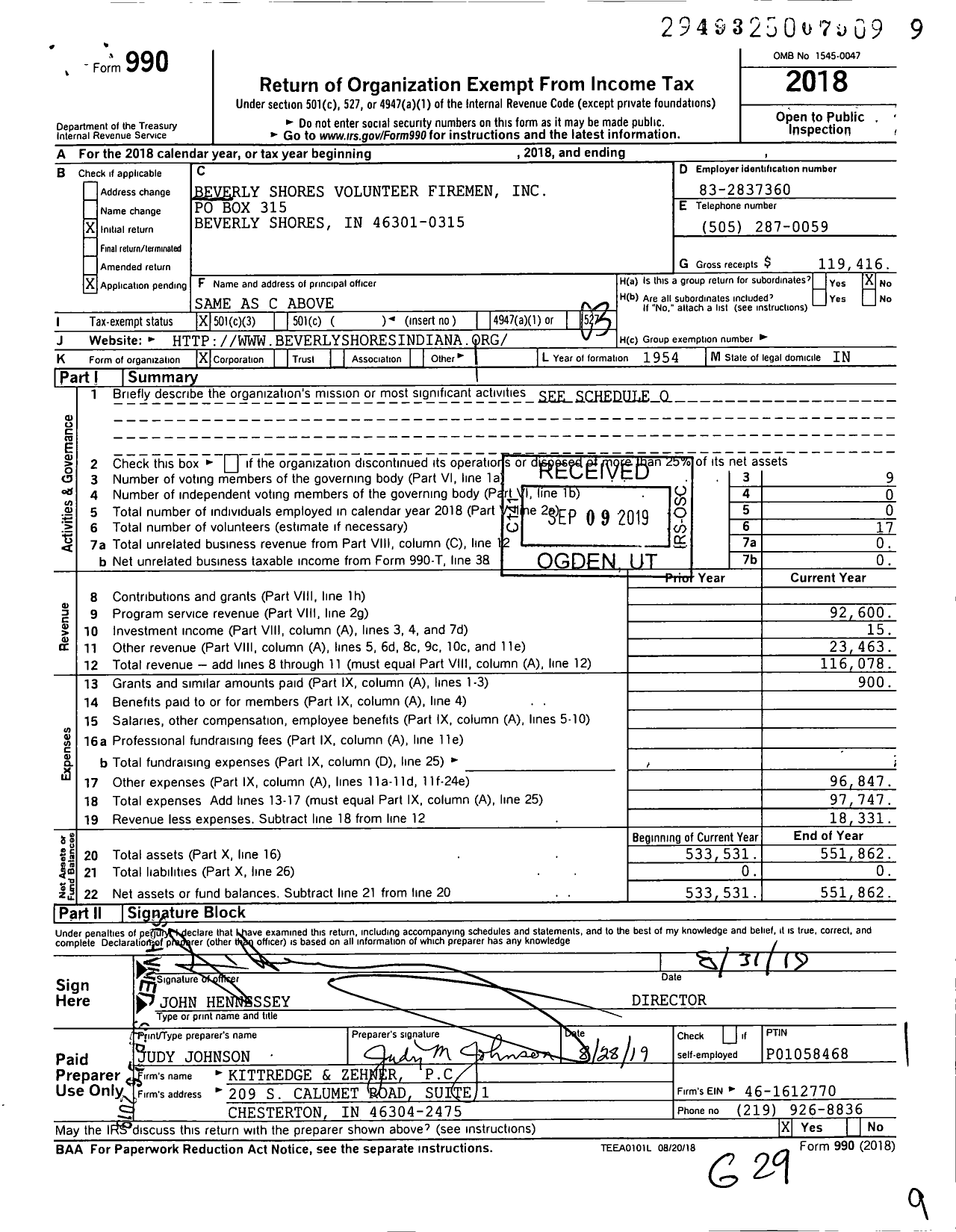 Image of first page of 2018 Form 990 for Beverly Shores Volunteer Firemen