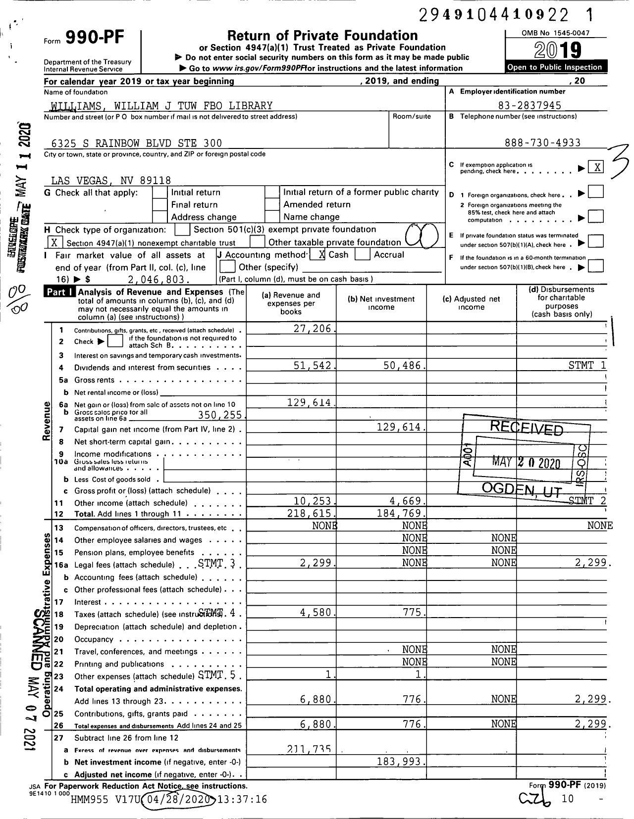 Image of first page of 2019 Form 990PF for Williams William J Tuw Fbo Library