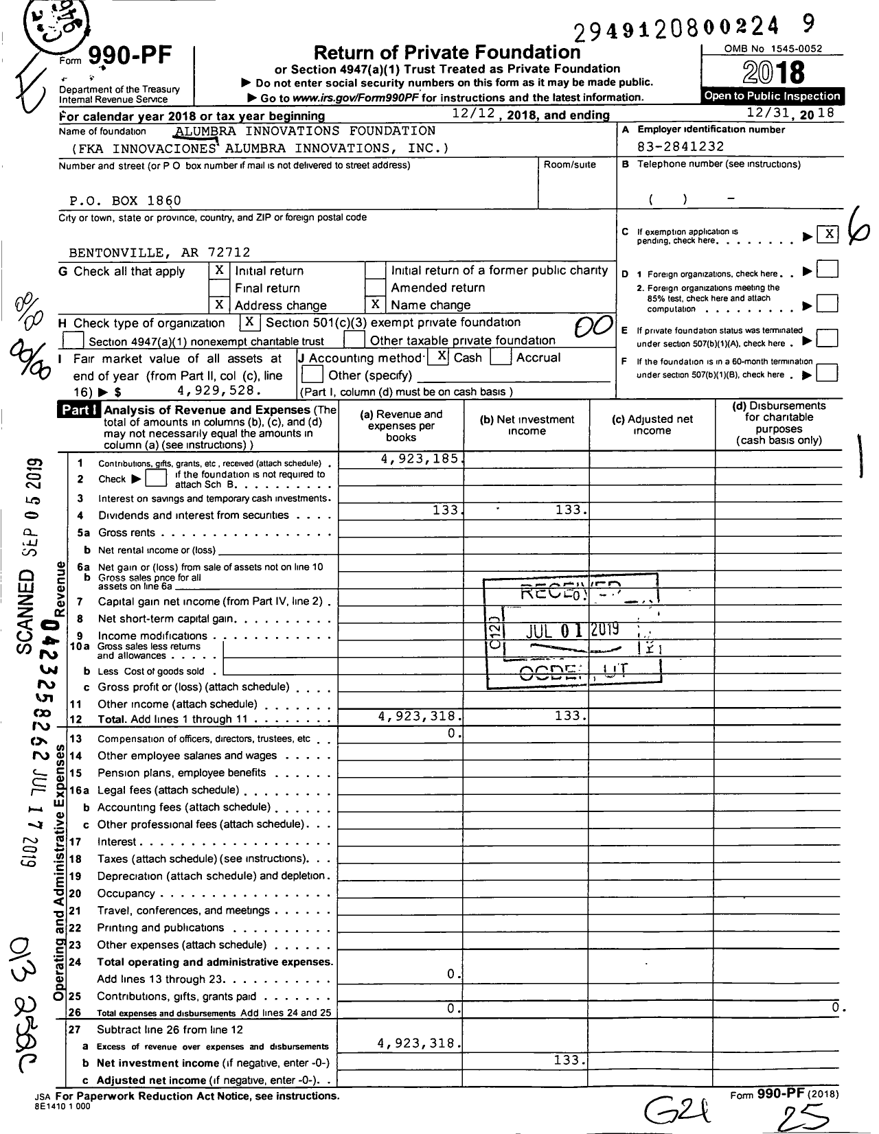 Image of first page of 2018 Form 990PF for Alumbra Innovations Foundation