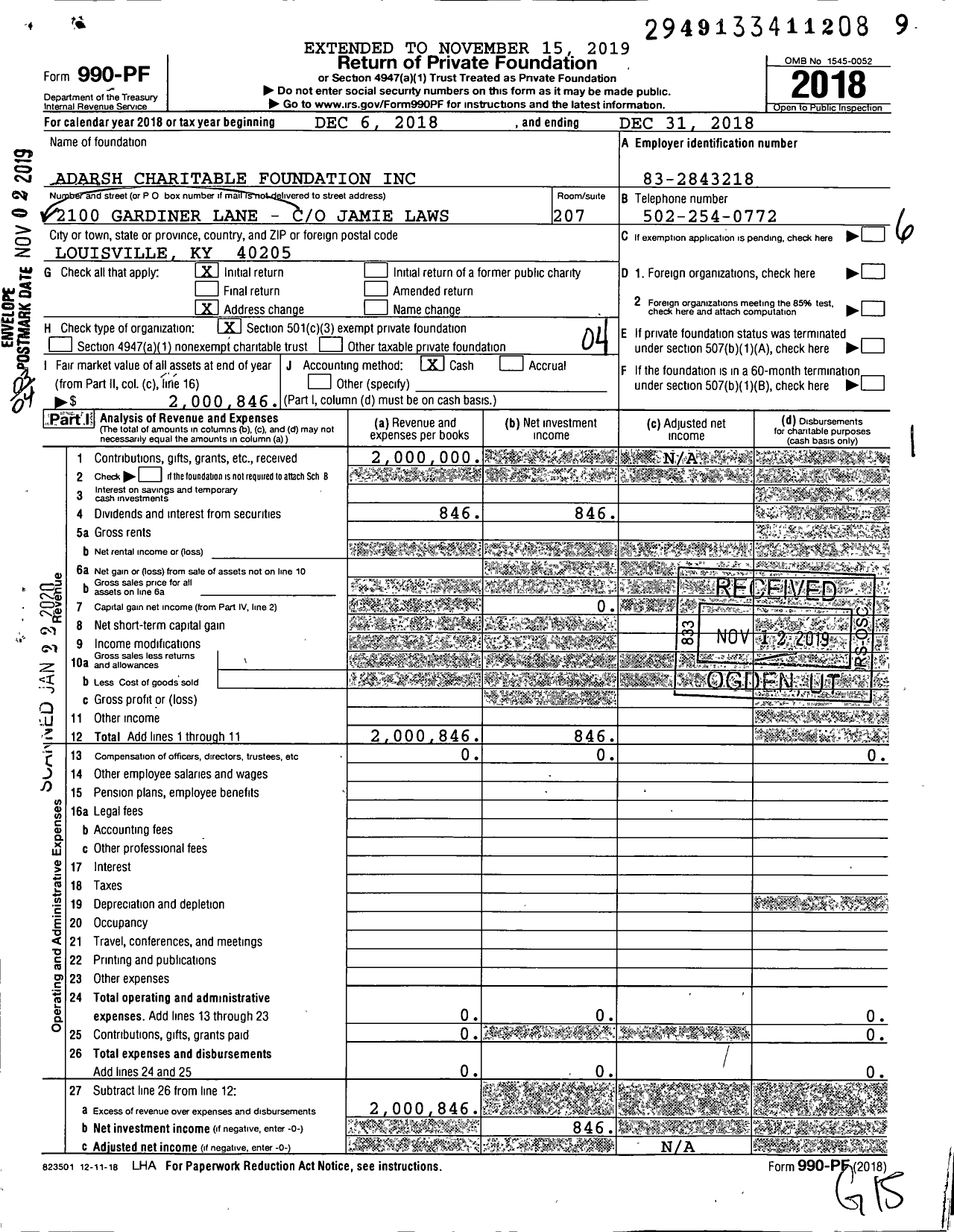 Image of first page of 2018 Form 990PF for Adarsh Charitable Foundation