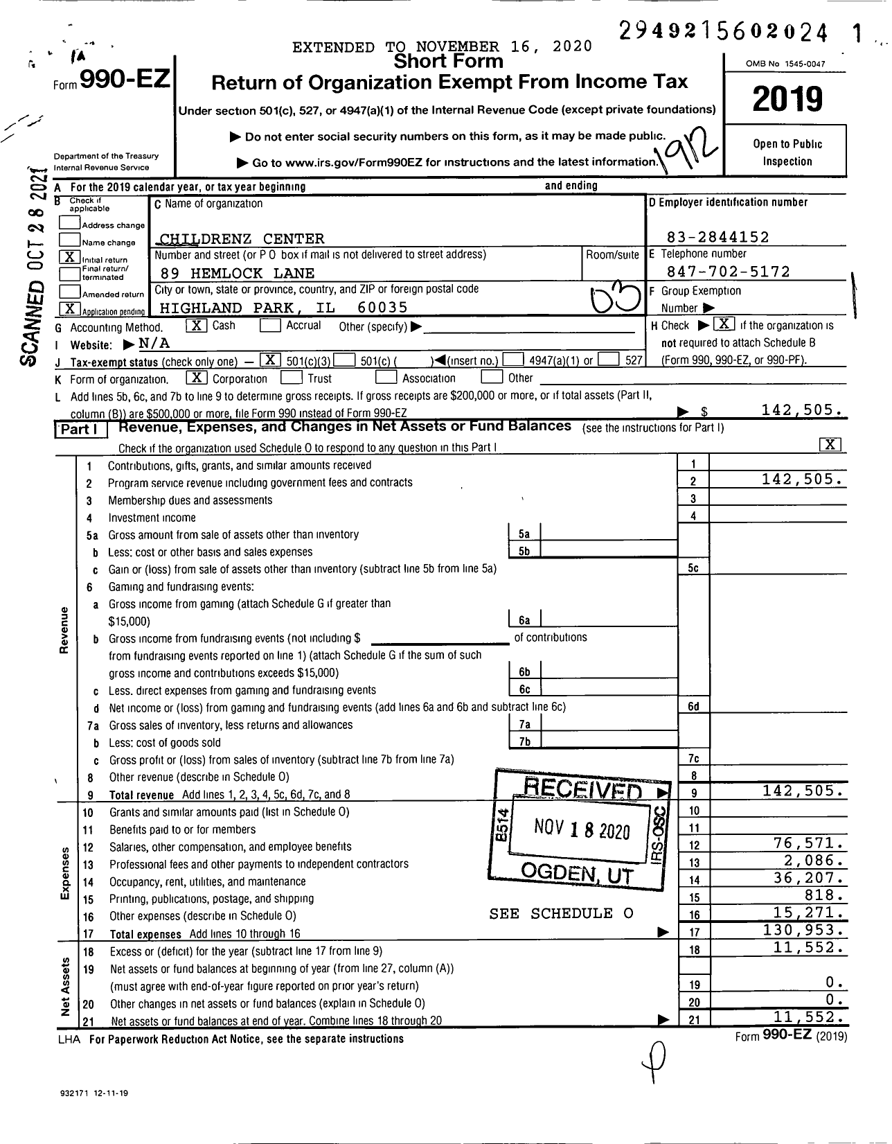 Image of first page of 2019 Form 990EZ for Childrenz Center