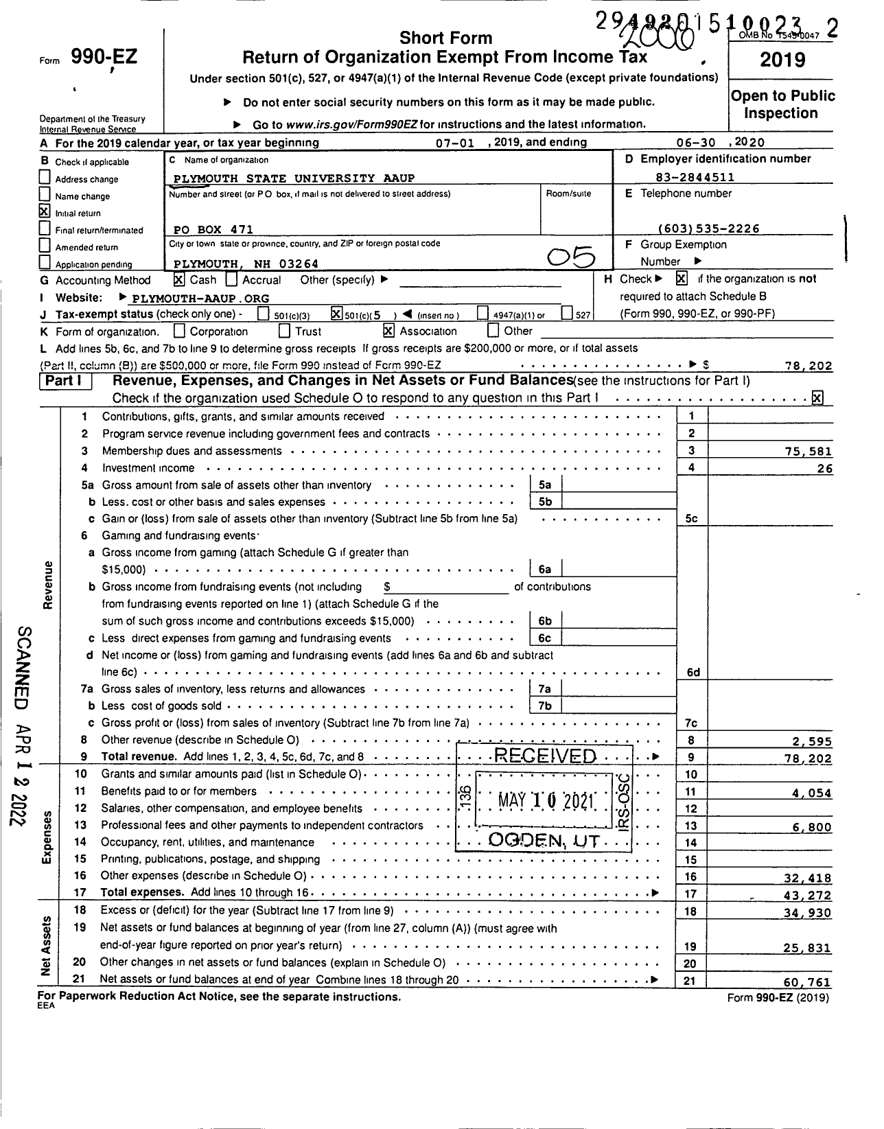 Image of first page of 2019 Form 990EO for Plymouth State University Aaup