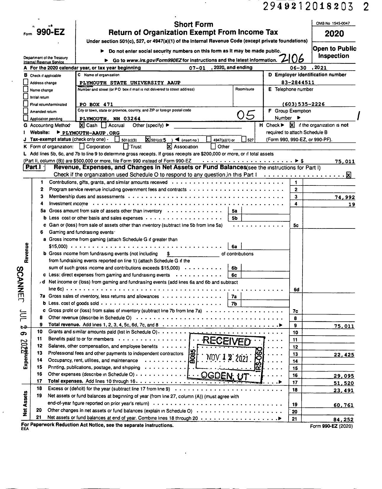 Image of first page of 2020 Form 990EO for Plymouth State University Aaup