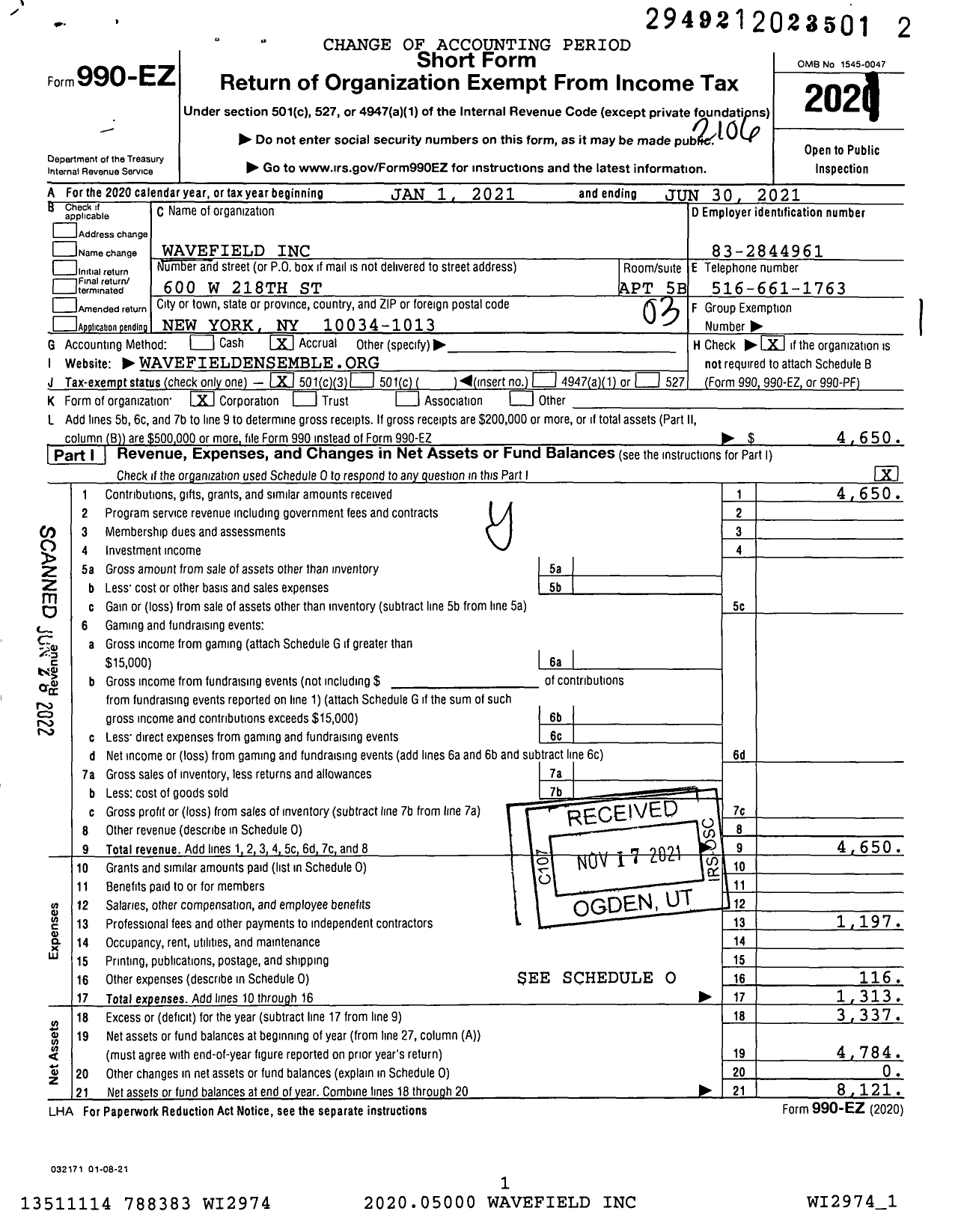 Image of first page of 2020 Form 990EZ for Wavefield