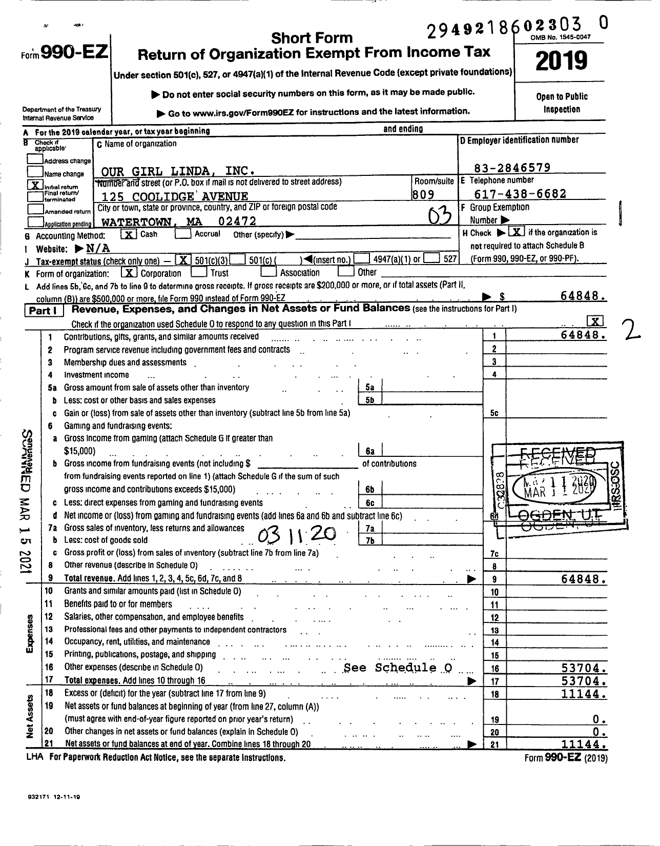 Image of first page of 2019 Form 990EZ for Our Girl Linda