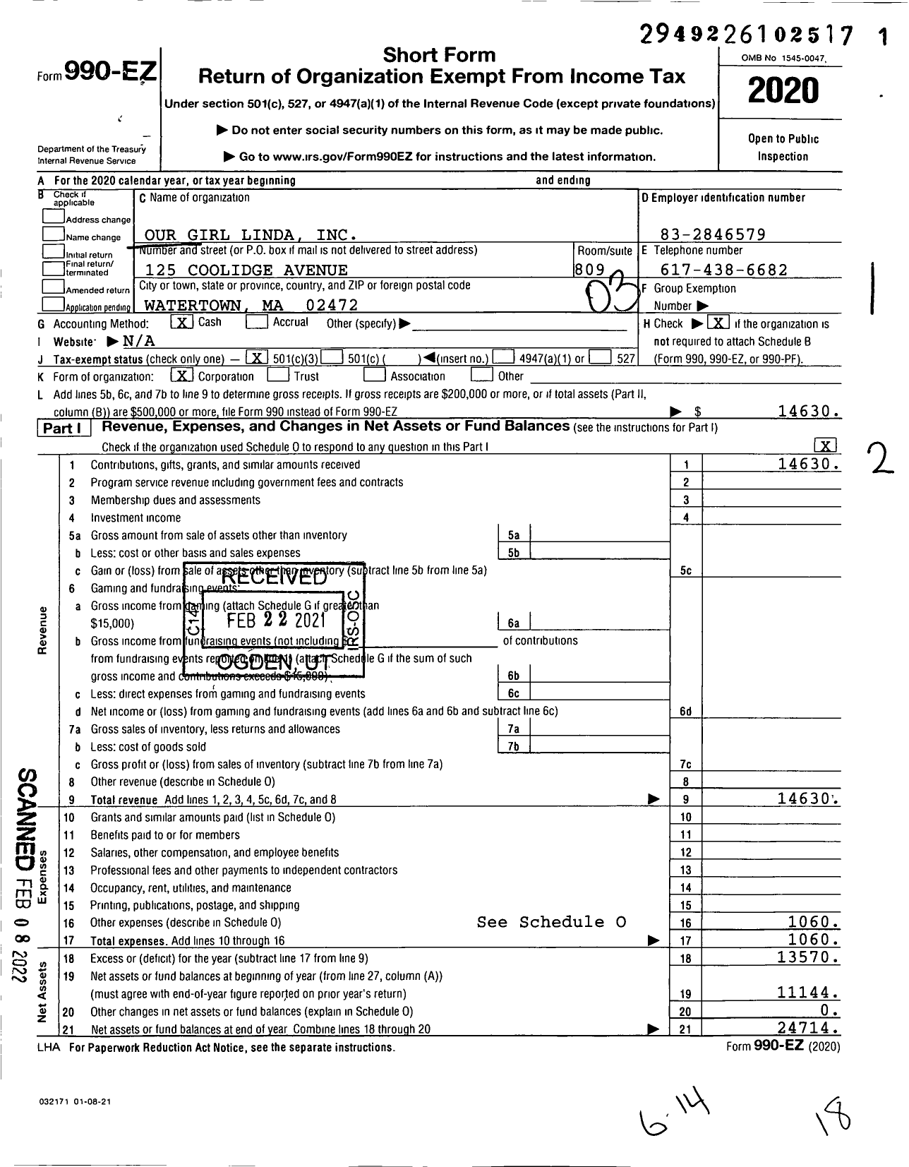 Image of first page of 2020 Form 990EZ for Our Girl Linda