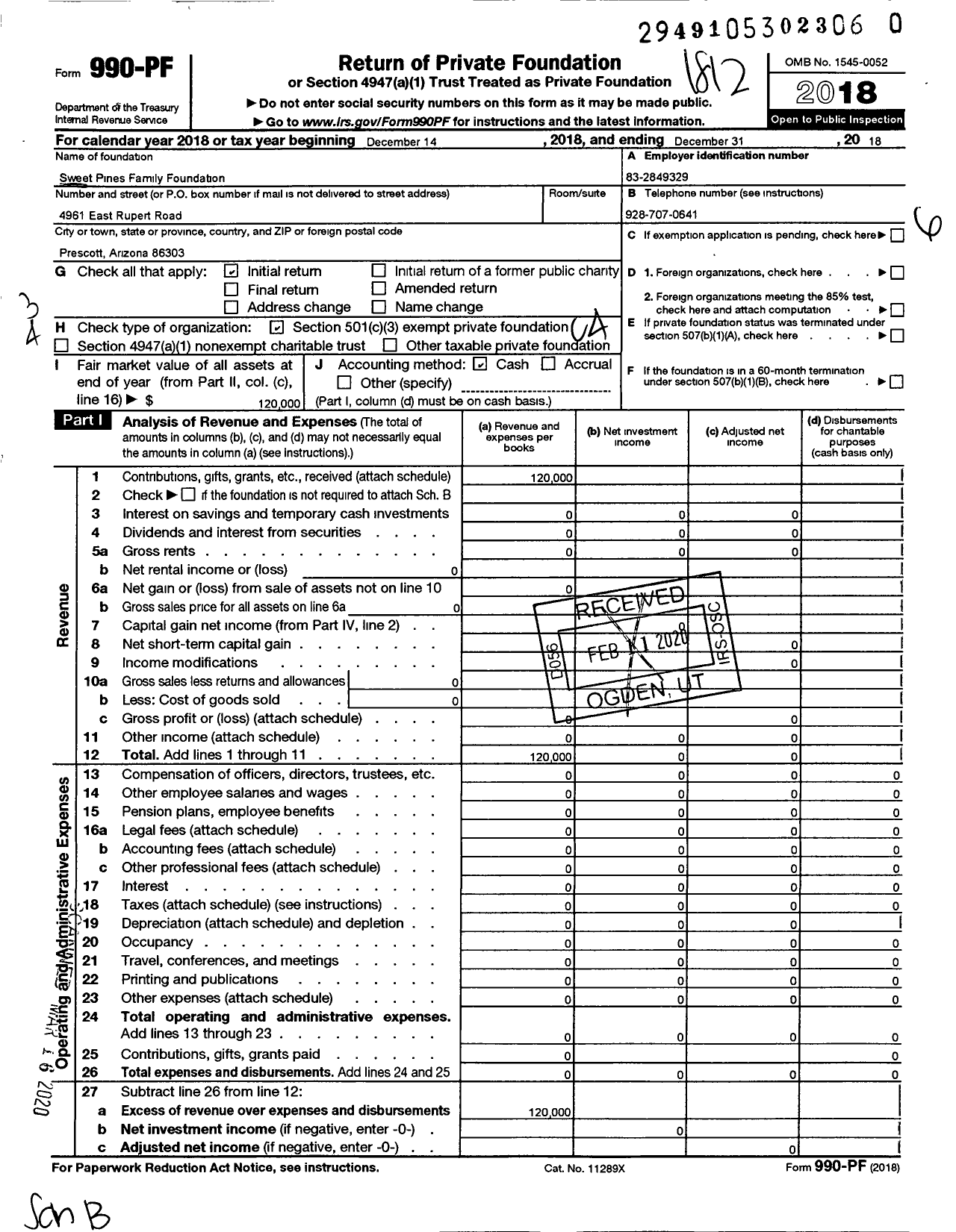 Image of first page of 2018 Form 990PR for Sweet Pines Family Foundation