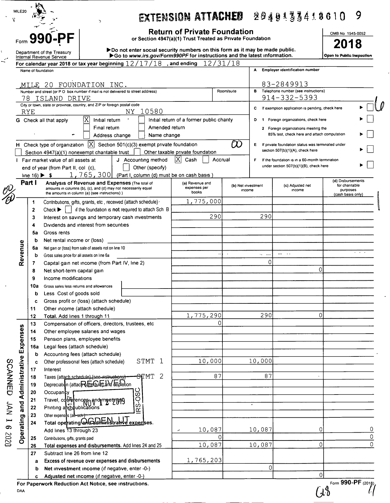 Image of first page of 2018 Form 990PF for Mile 20 Foundation