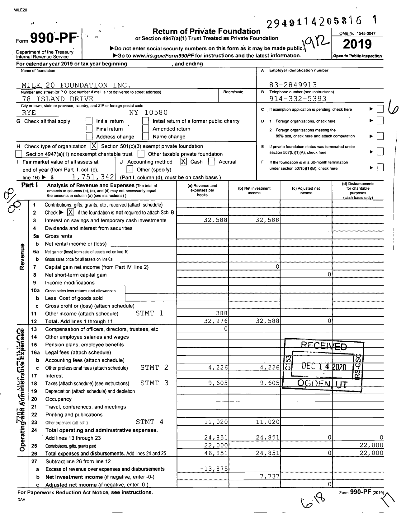 Image of first page of 2019 Form 990PF for Mile 20 Foundation