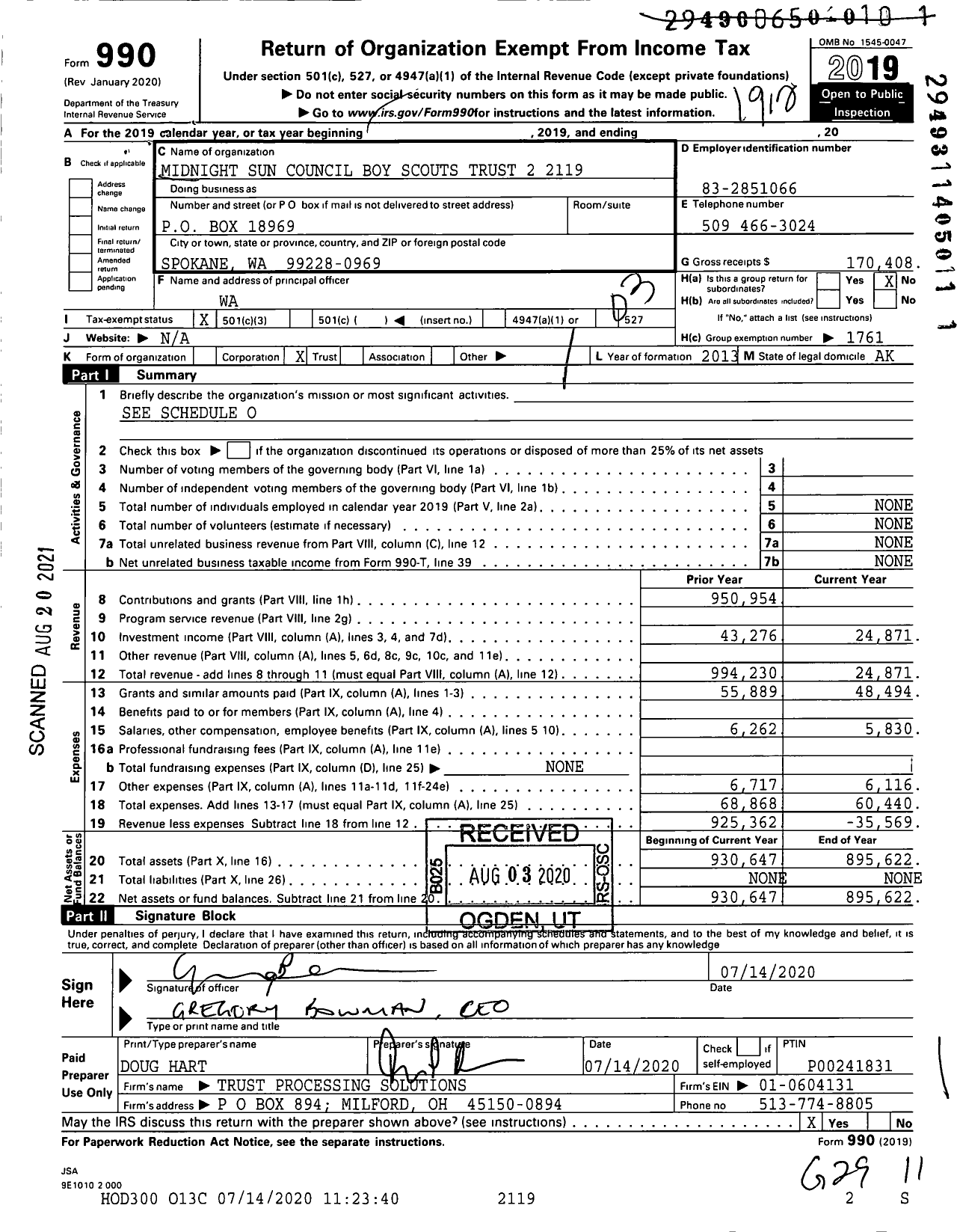 Image of first page of 2019 Form 990 for Boy Scouts of America - 696 Midnight Sun CNCL BS TR 2 2119