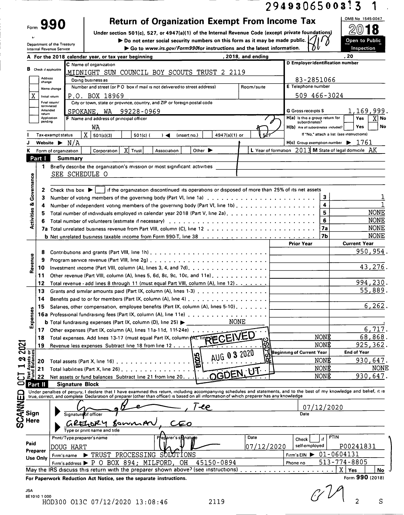 Image of first page of 2018 Form 990 for Boy Scouts of America - 696 Midnight Sun CNCL BS TR 2
