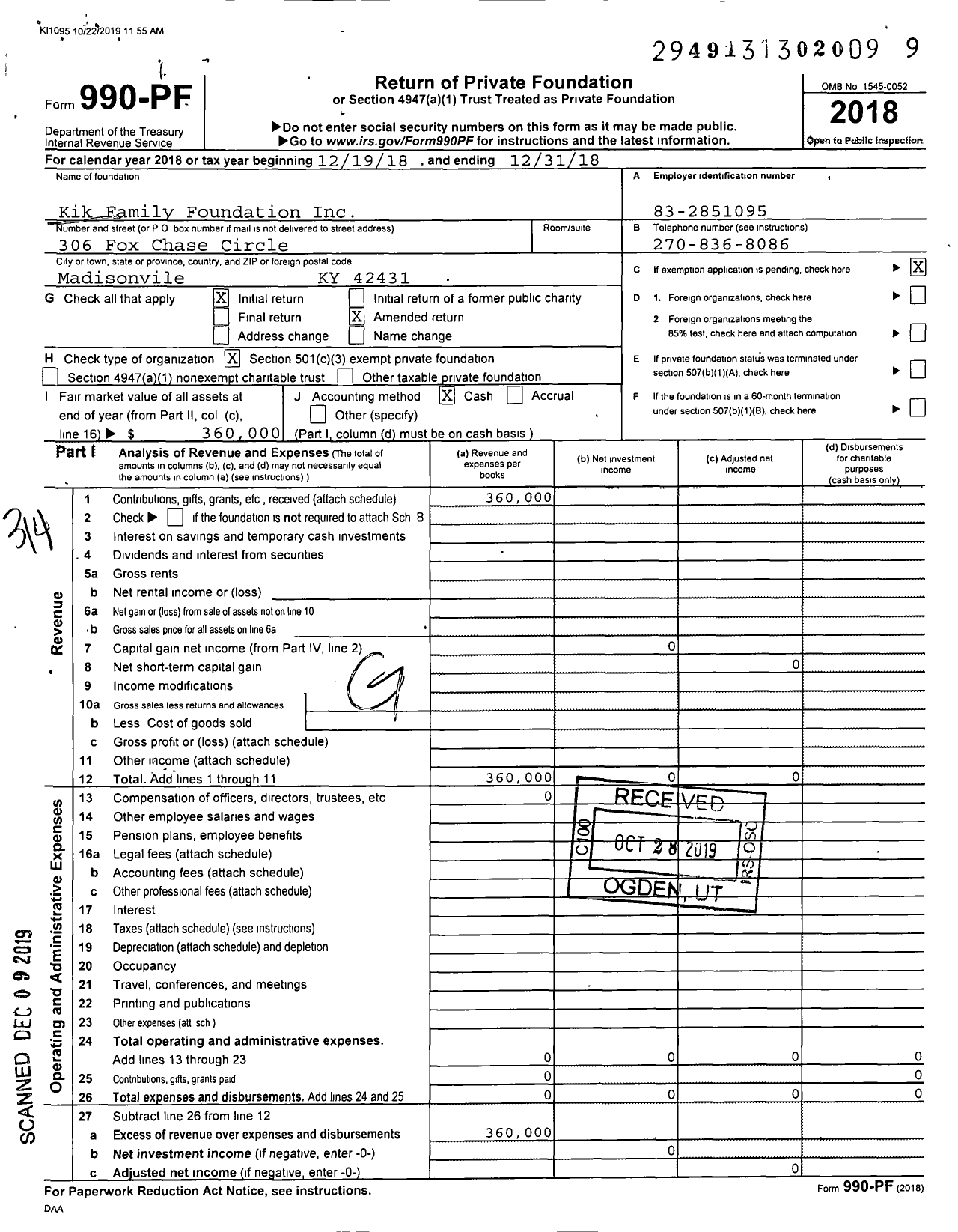 Image of first page of 2018 Form 990PF for Kik Family Foundation