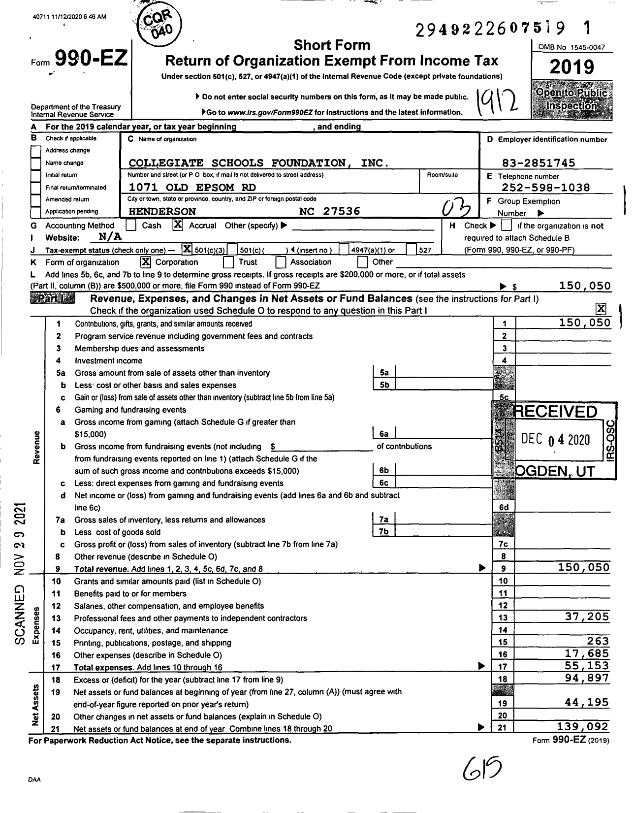 Image of first page of 2019 Form 990EZ for Collegiate Schools Foundation