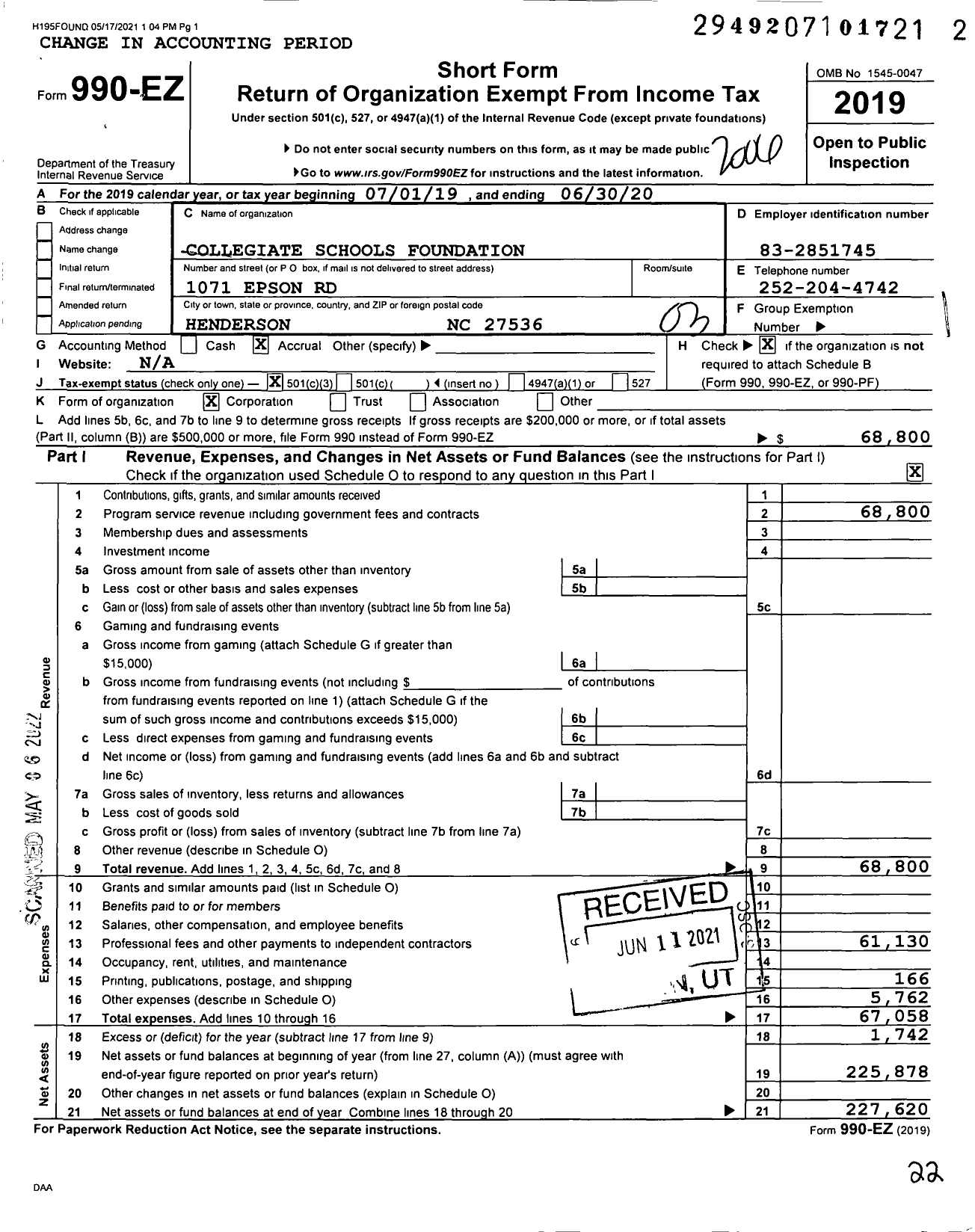 Image of first page of 2019 Form 990EZ for Collegiate Schools Foundation