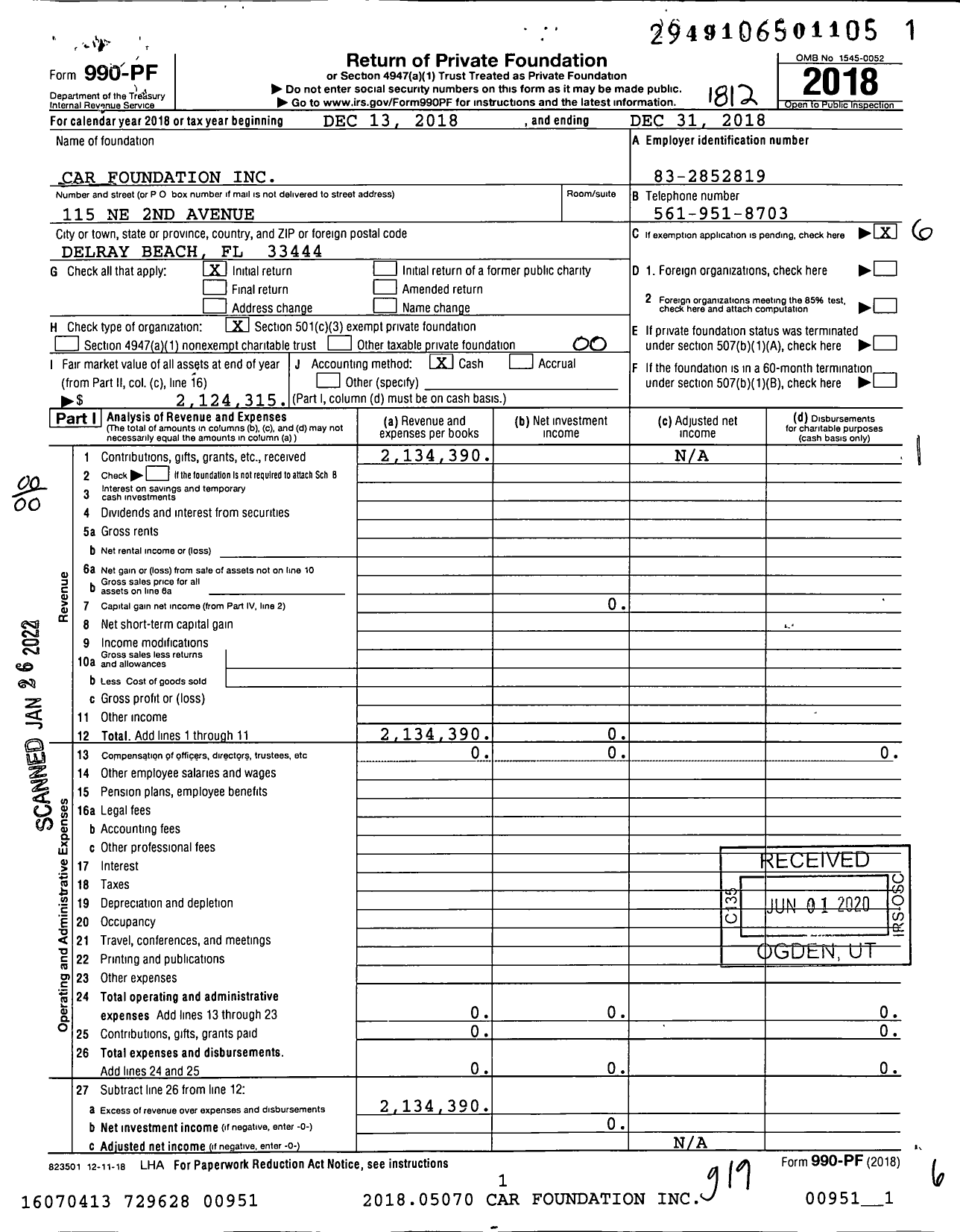 Image of first page of 2018 Form 990PF for Car Foundation