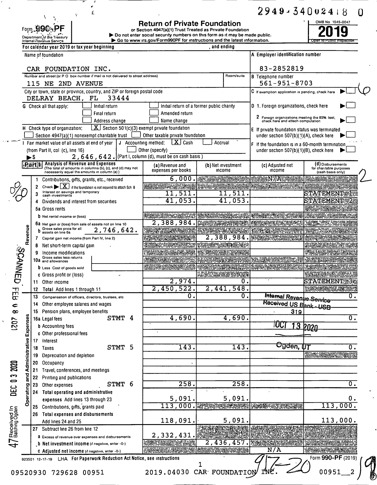 Image of first page of 2019 Form 990PF for Car Foundation