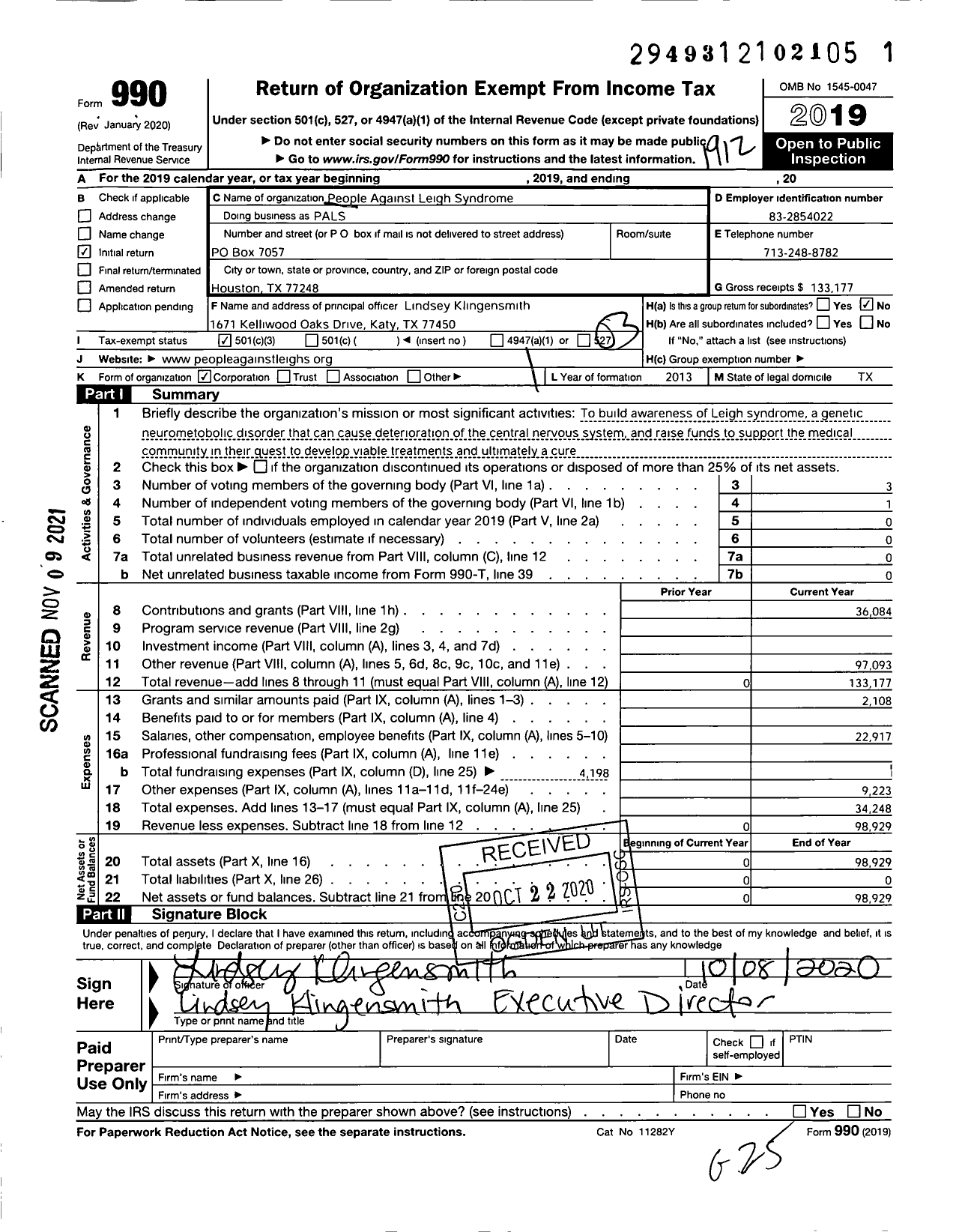 Image of first page of 2019 Form 990 for People Against Leigh Syndrome (PALS)