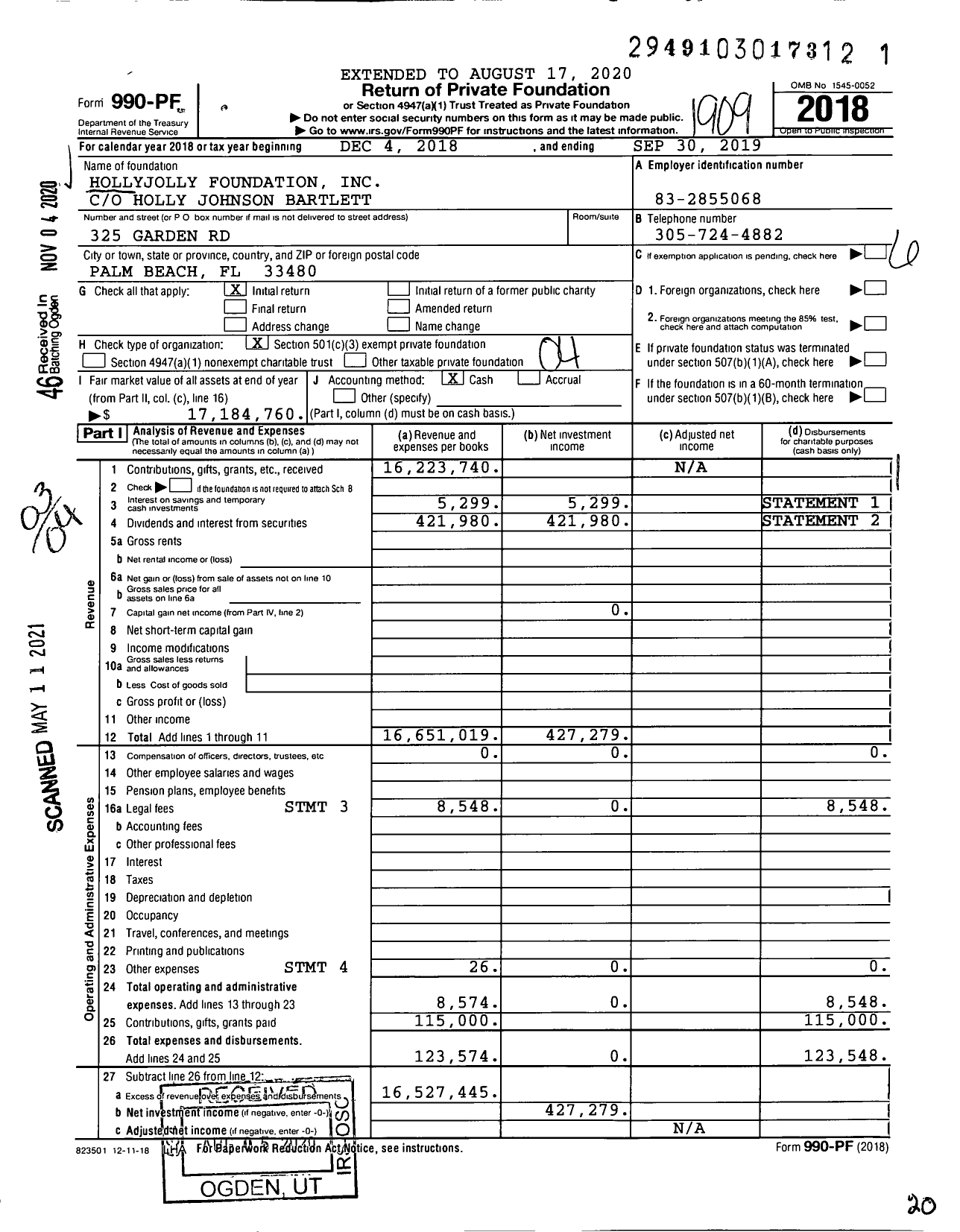 Image of first page of 2018 Form 990PF for Hollyjolly Foundation