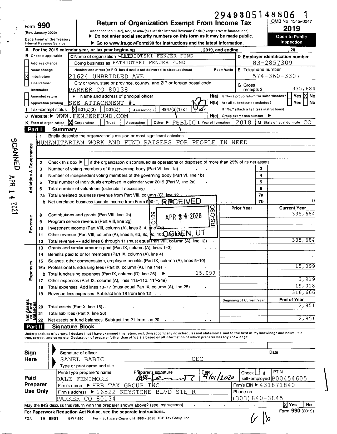 Image of first page of 2019 Form 990 for Patriotski Fenjer Fund