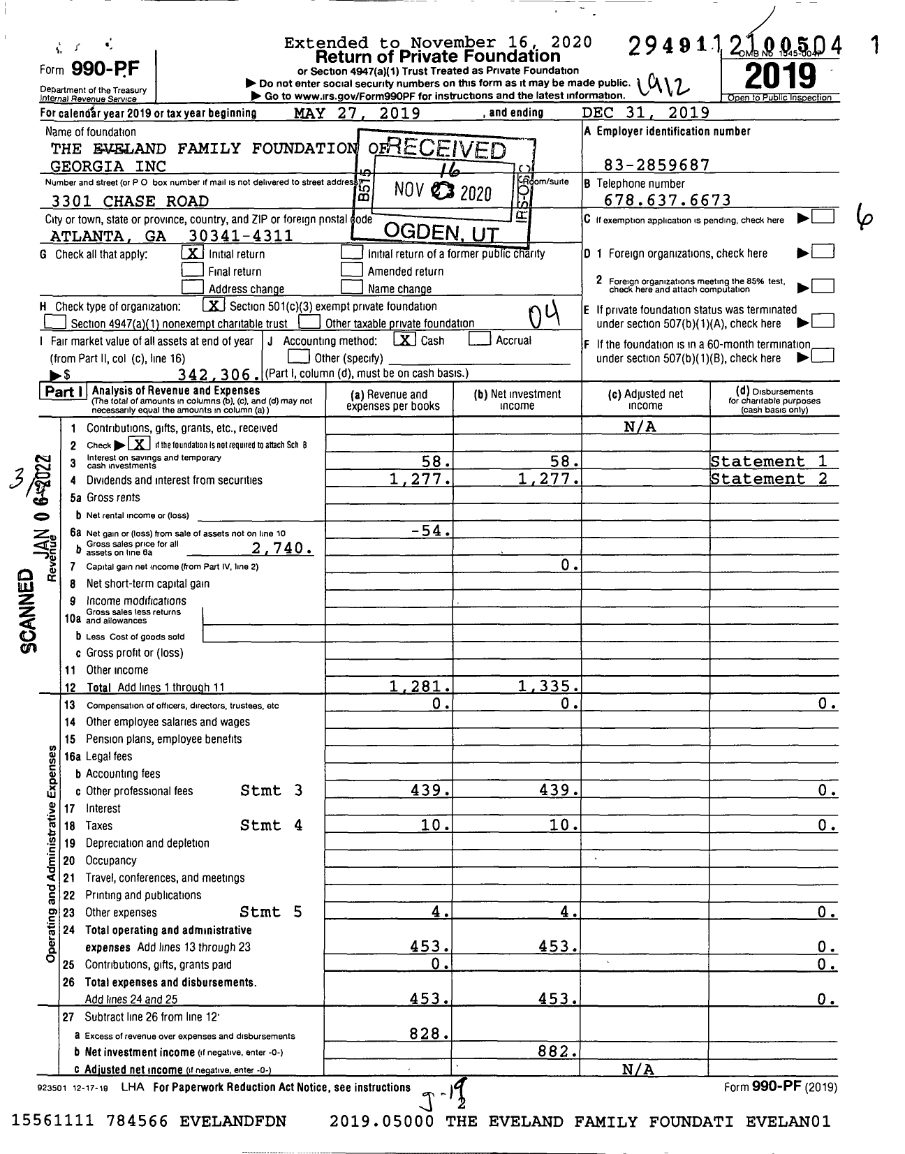 Image of first page of 2019 Form 990PF for The Eveland Family Foundation of Georgia