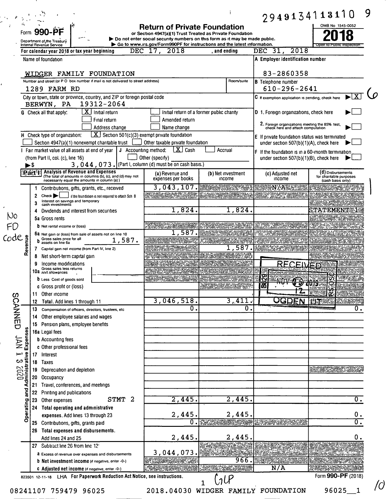 Image of first page of 2018 Form 990PF for Widger Family Foundation