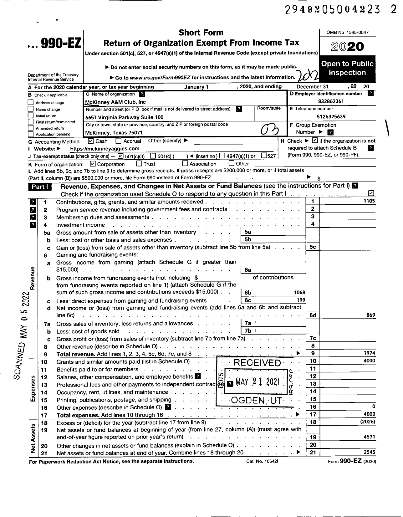 Image of first page of 2020 Form 990EZ for Mckinney A&m Club