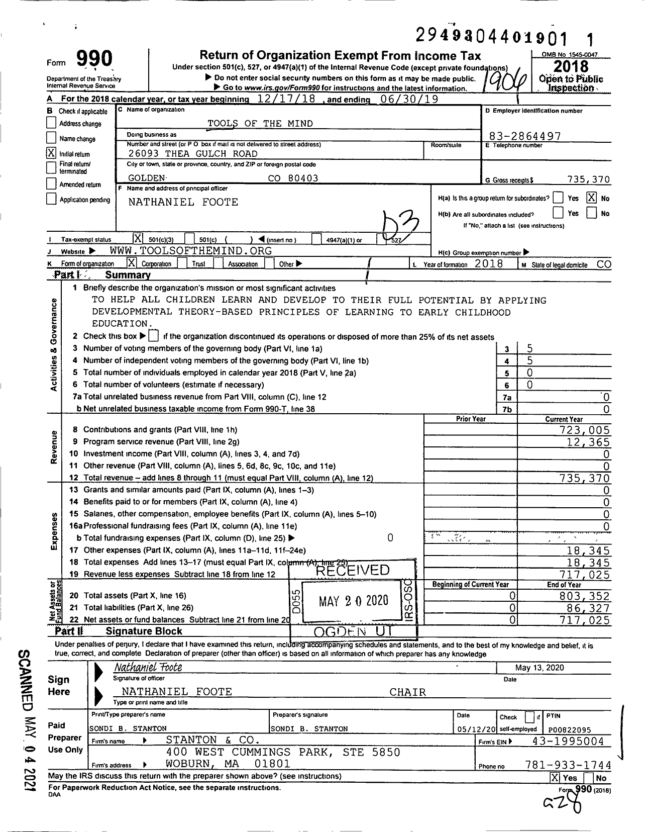 Image of first page of 2018 Form 990 for Tools of the Mind