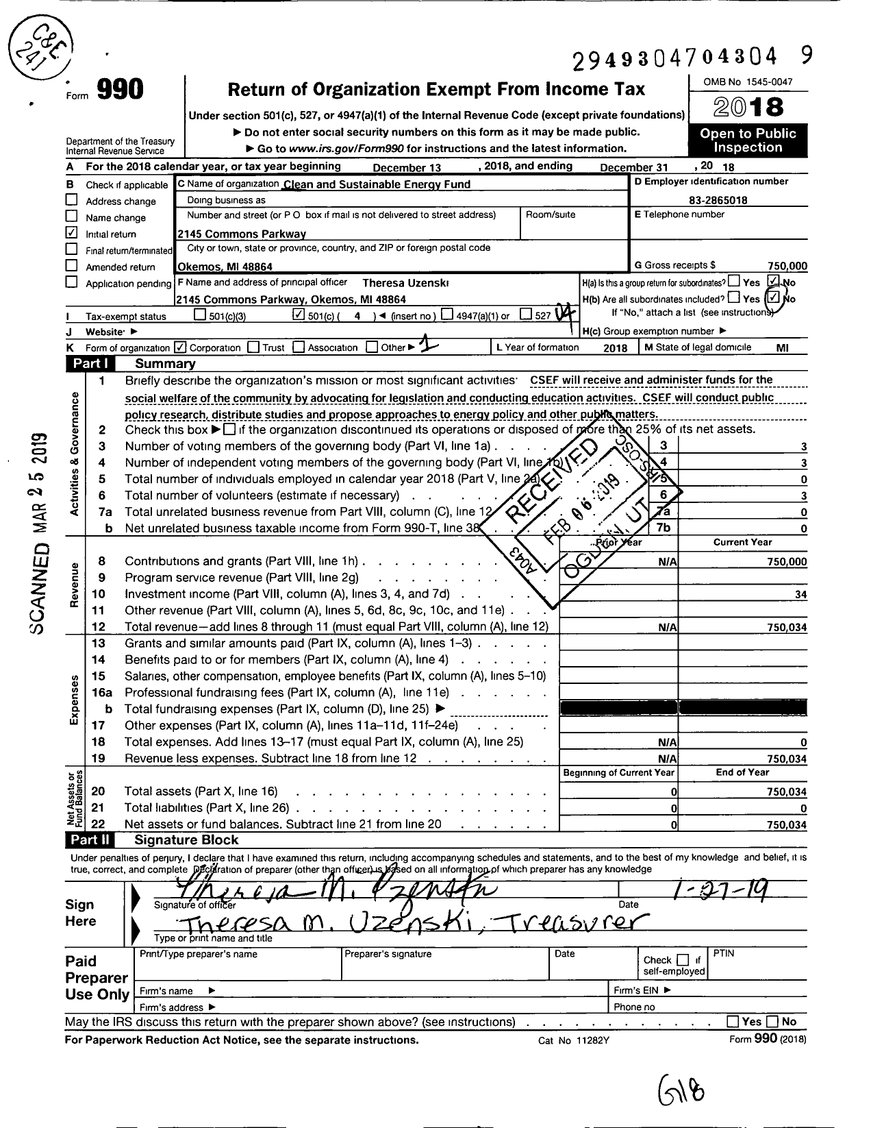Image of first page of 2018 Form 990O for Clean and Sustainable Energy Fund