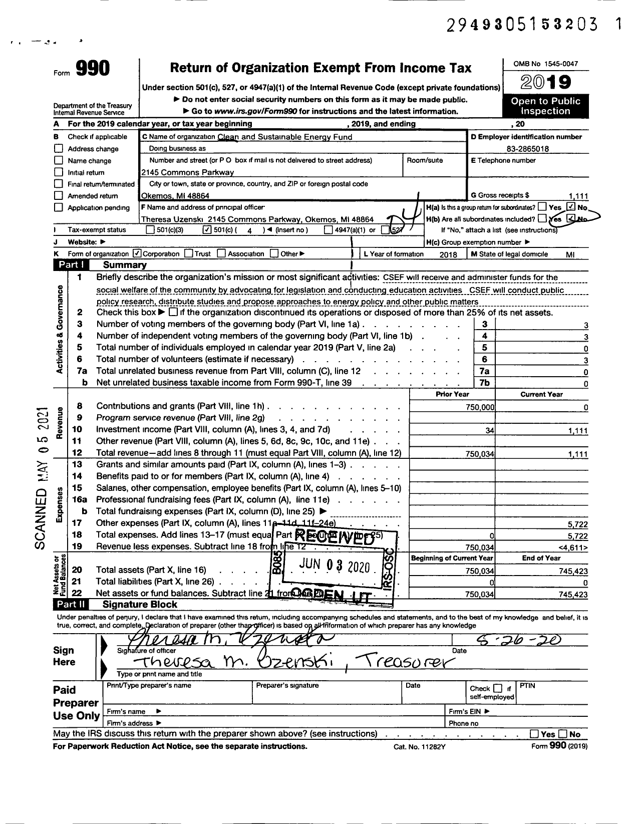 Image of first page of 2019 Form 990O for Clean and Sustainable Energy Fund