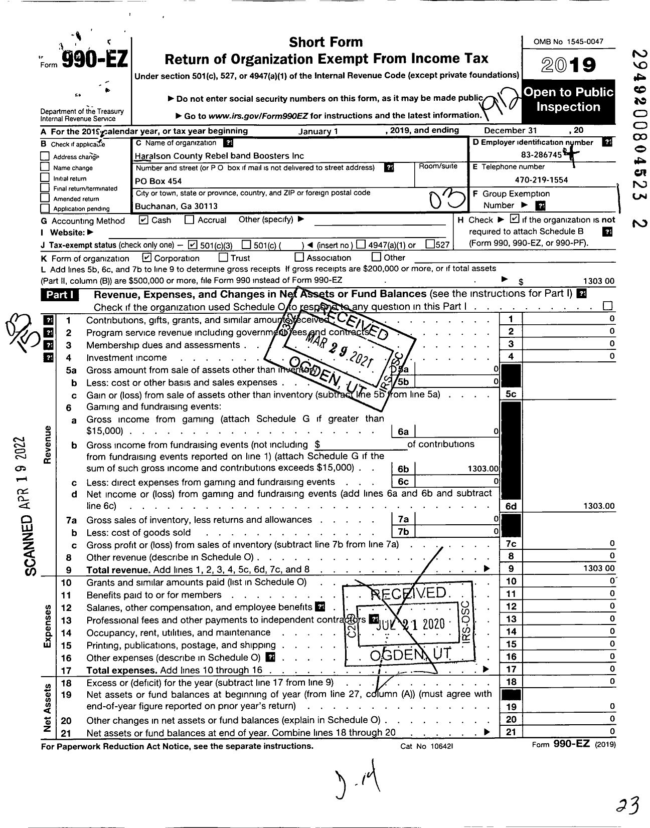 Image of first page of 2019 Form 990EZ for Haralson County Rebel Band Boosters